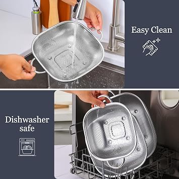 E-far Stainless Steel Colander Set of 3, Square Strainers and Colanders | Metal Kitchen Strainer with Handle for Draining Pasta Vegetable, Micro-Perforated & Elevated Feet, Dishwasher Safe(2.4/4/6QT)