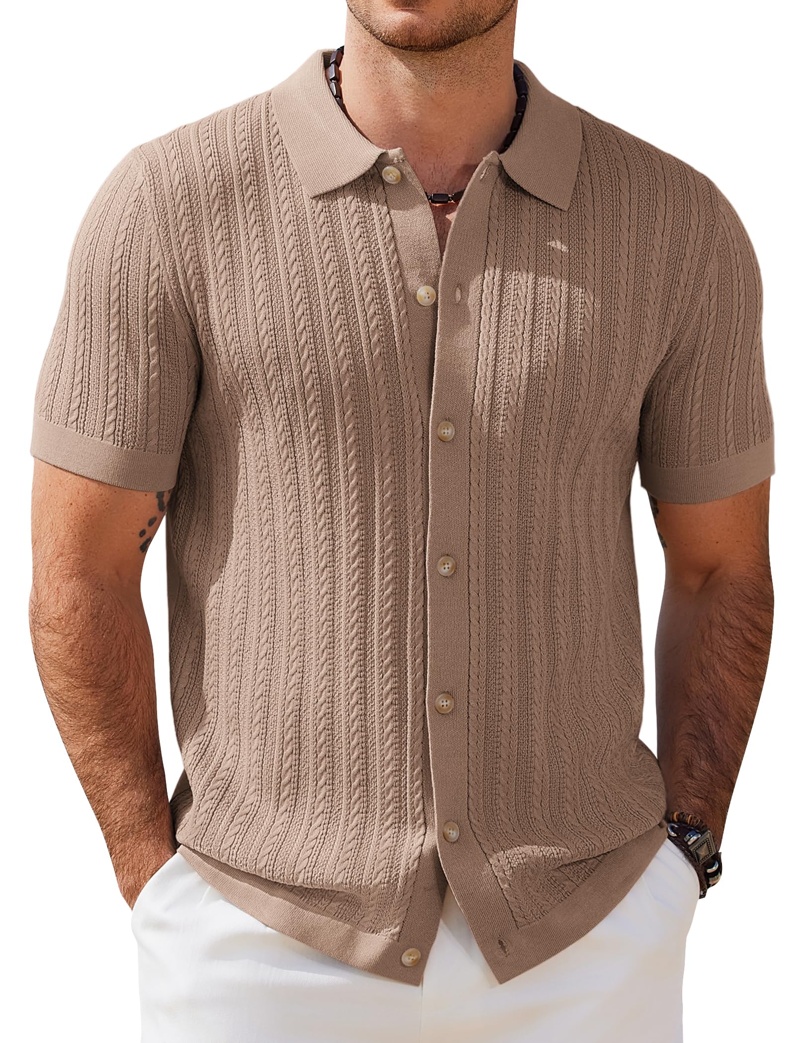 COOFANDY Herren Poloshirt Kurzarm Strick Polo Hemden mit Knopfleiste Zopfmuster Strickhemd Sommer Golf Shirts
