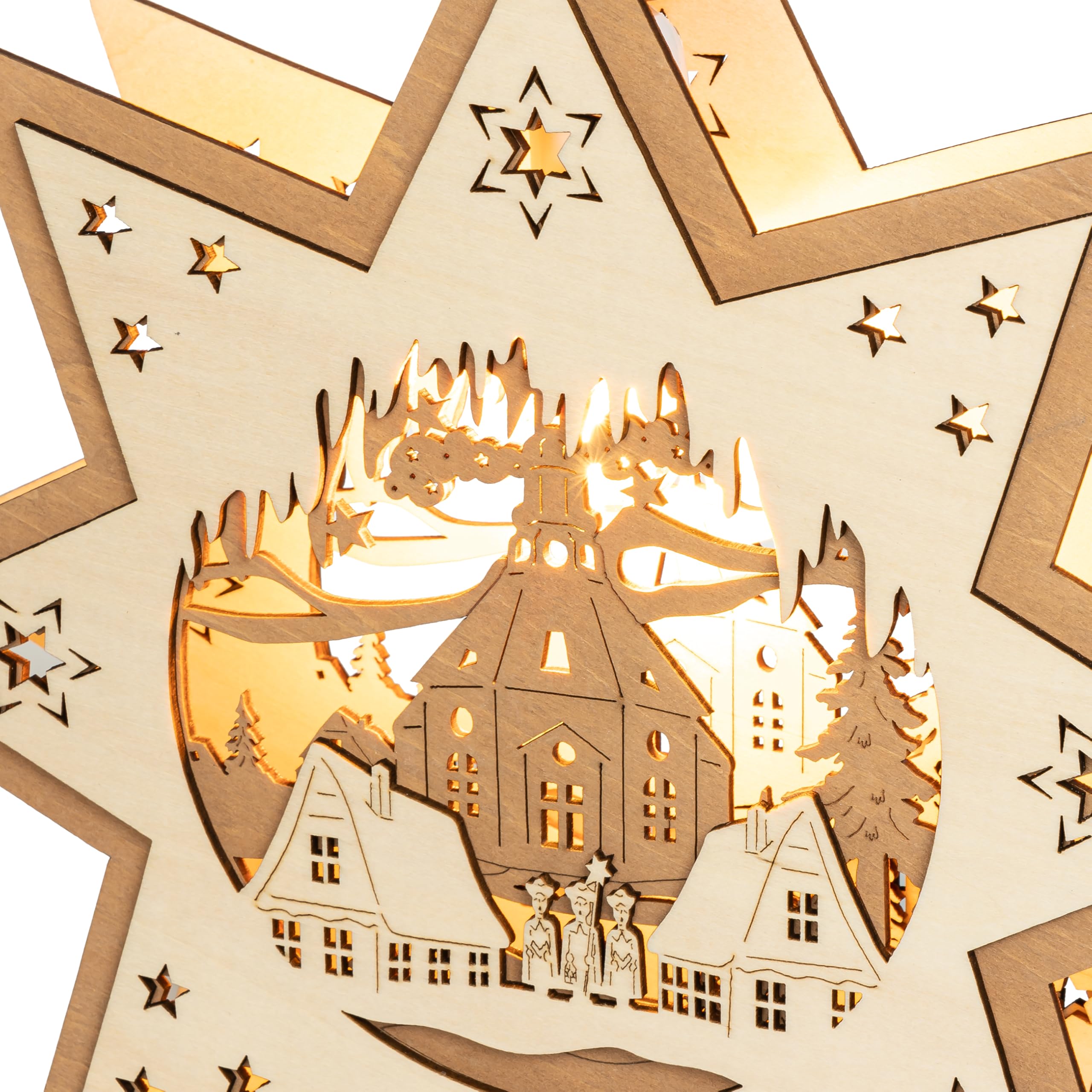 SIKORA FB02 Deko Fensterbild 2-farbig Holz Stern mit Motiv Kirche beleuchtet H:32cm