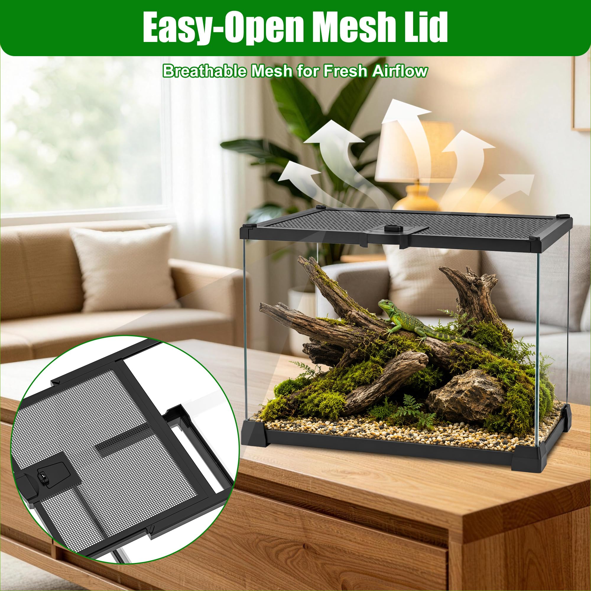 Mini szklany zbiornik terrarium 20 cm x 20 cm x 15 cm z otwieraną od góry pokrywą siatkową, przejrzysty widok 360°, wentylowana obudowa dla ptaszników, skaczących pająków, izopodów, żab i