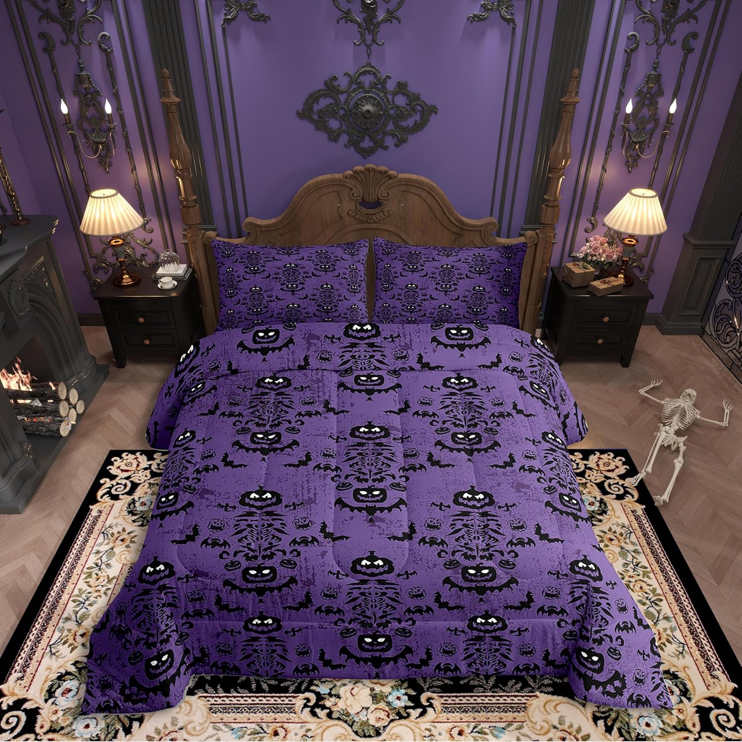 Homewish Happy Halloween Bedding Sets,Black Horror Pumpkin Bat Silhouette Comforter Set for Kids Teens Adults,Purple Graffiti Decor Gothic Style Down Comforter with 2 Pillowcases Queen Size 3 Pcs