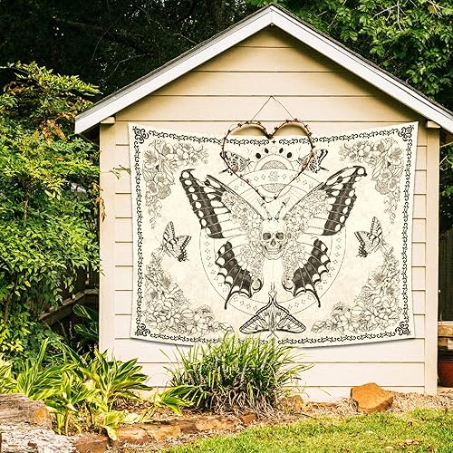 Miniatura 4 de ZYLLGLOW Tapiz bohemio de calavera, mariposa, hongo, polilla, decoración de pared, estético para colgar en la pared para dormitorio, tapiz gótico al
