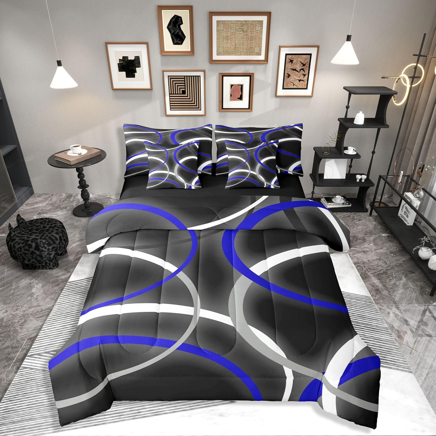 Erosebridal Circle Geometric Black White Blue Comforter Set Queen Size 7 Pieces | Abstract Swirls Bed in A Bag Stripes Aesthetic Modern Art Bed Set Adults Kids Boys Bedding