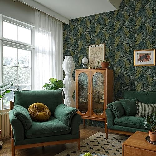 Vista 19 de Ismoon Fern Botanical - Papel tapiz adhesivo de hoja negra, 16.1 x 196 pulgadas Marrón claro