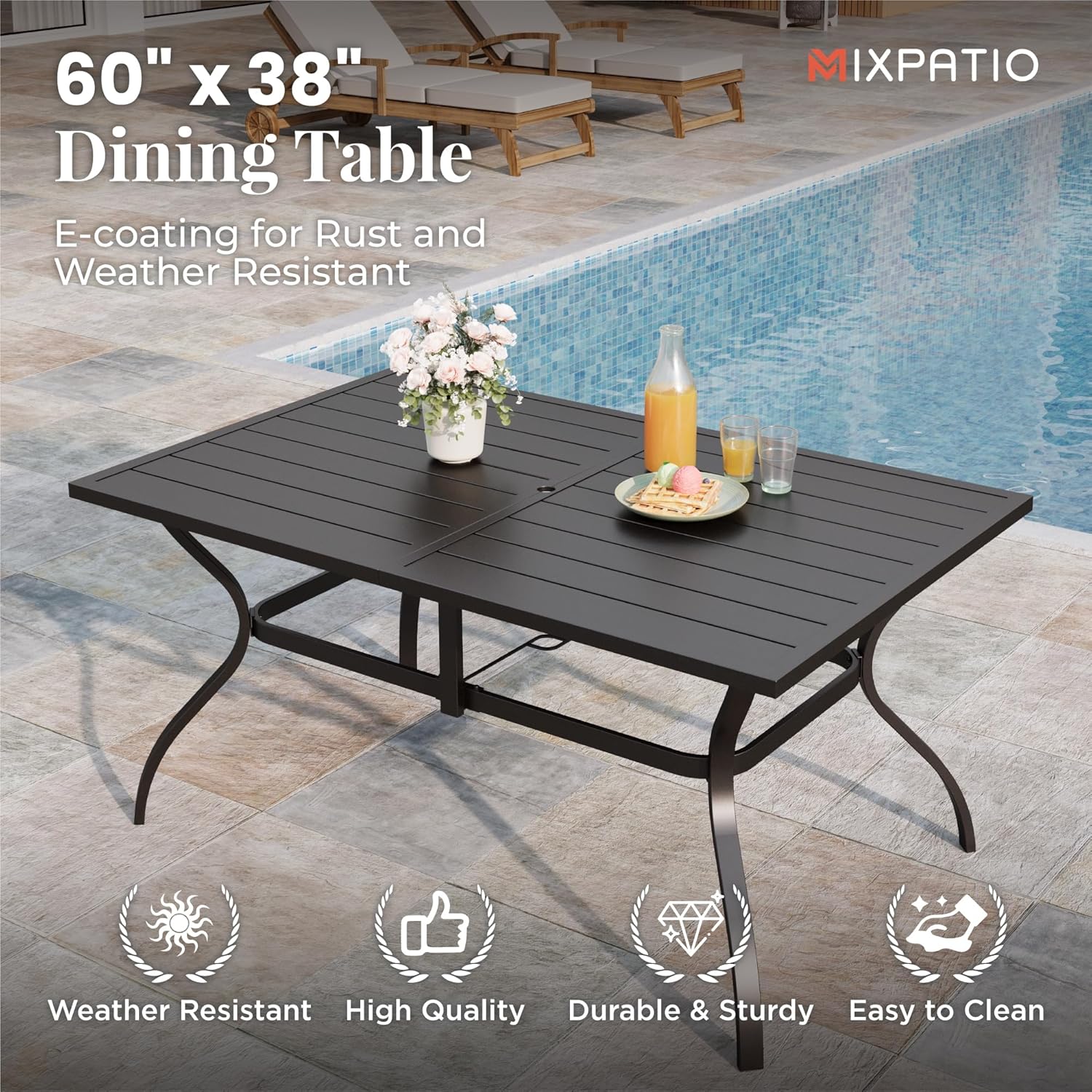 Patio Table and Chairs Set, Patio Dining Set for 6 with Brown Chairs and Metal Rectangular Table for Deck Backyard Lawn Poolside