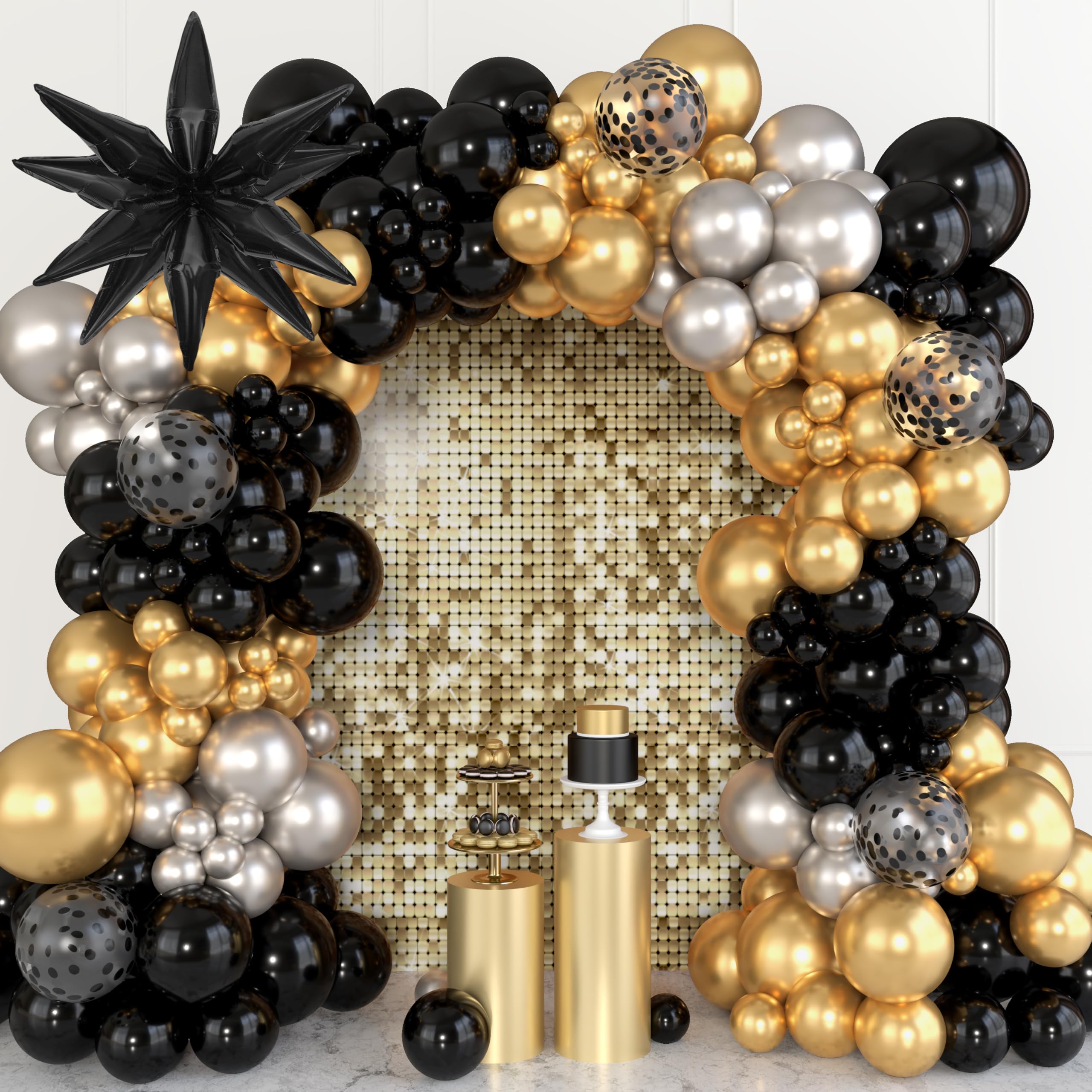 Amandir 145PCS Black and Gold Balloons Garland Arch Kit, 18''12''5'' Silver Metallic Black Gold Foil Balloons for 2026 New Year Men Wedding
