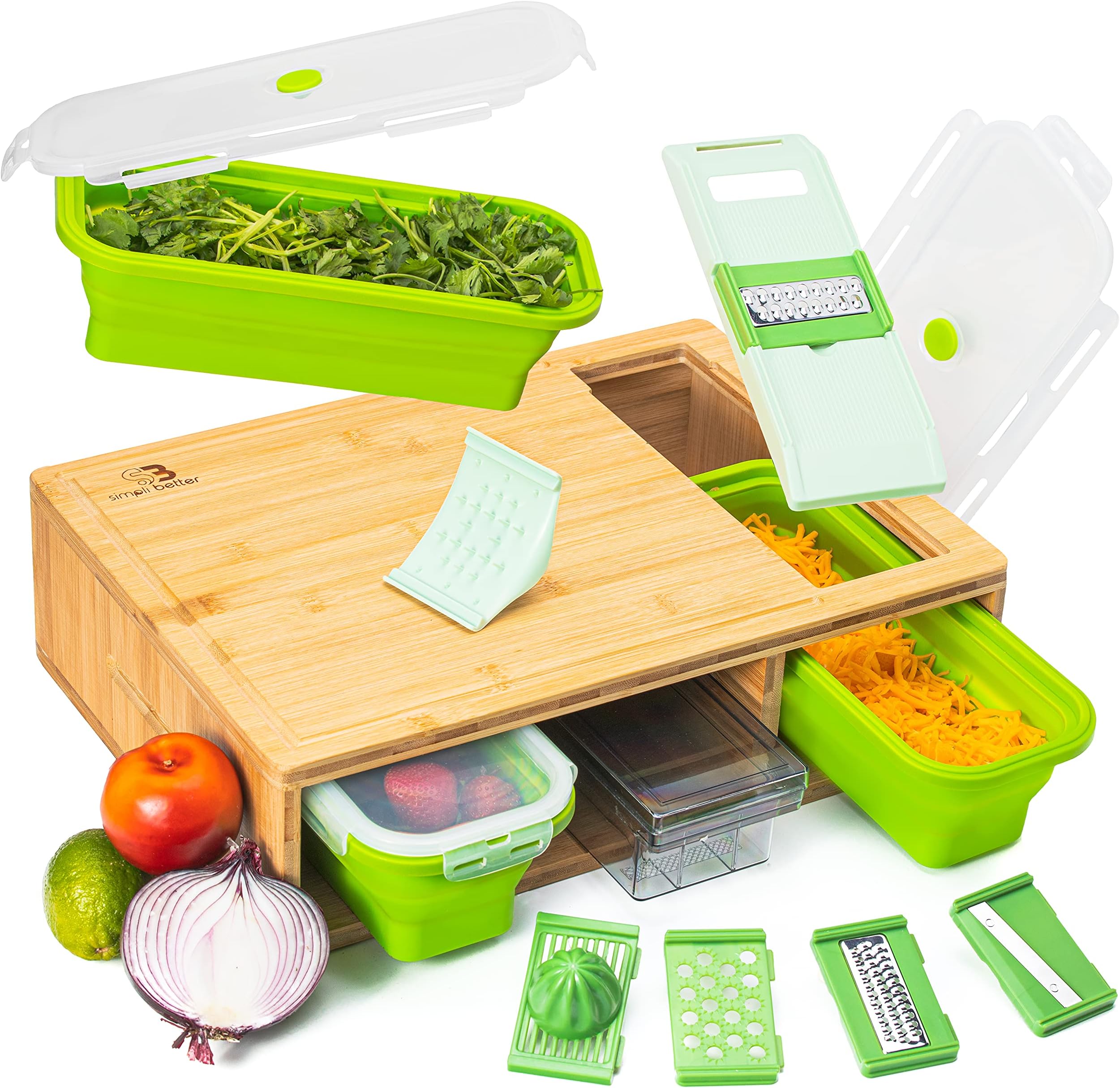Bamboo Cutting Board with Trays and LIDS. Multi-Functional: 4 Draws can be Used as PREP Dishes or for Storage. Design with Juice Grooves, Handles, and a Large Opening to EFFICIENTLY Slide Food into!