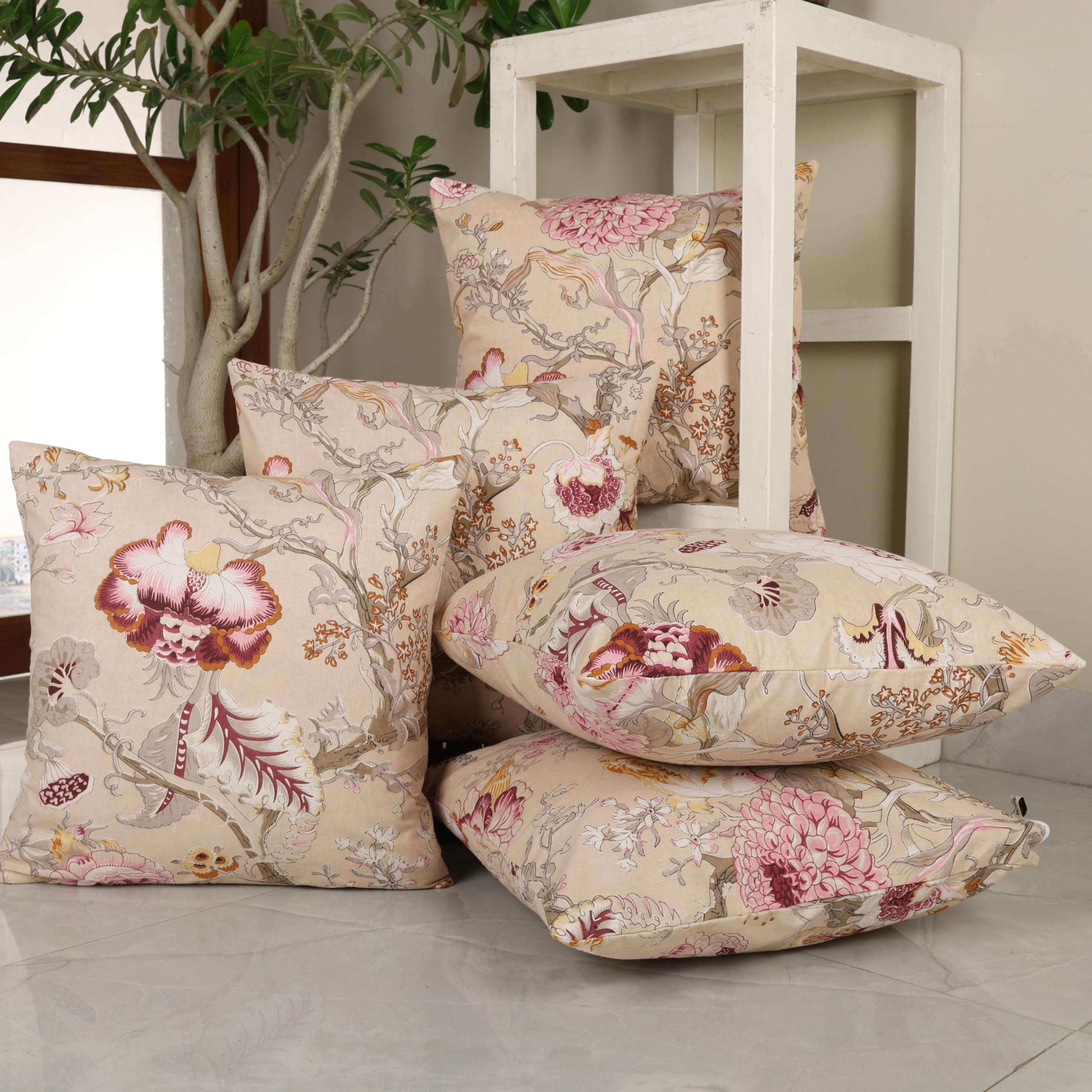 Clasiko Cotton Cushion Covers Set of 5; 22x22 Inches; Beloved Blossoms-image-31