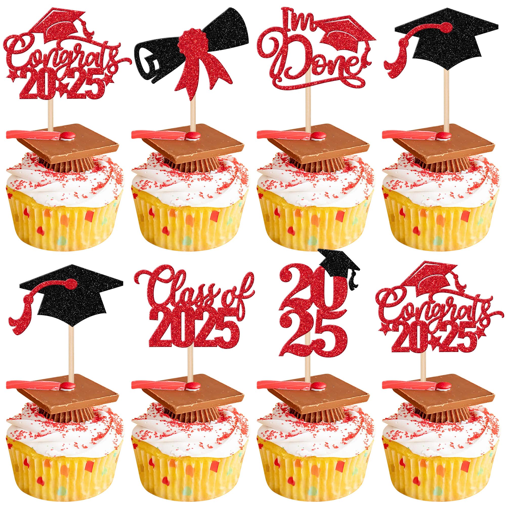 24 PCS Glitter 2025 Graduation Theme Cupcake Toppers Glitter Class of 2025 Cupcake Picks Diploma Grad Cap Congrats 2025 Cake Decorations for 2025