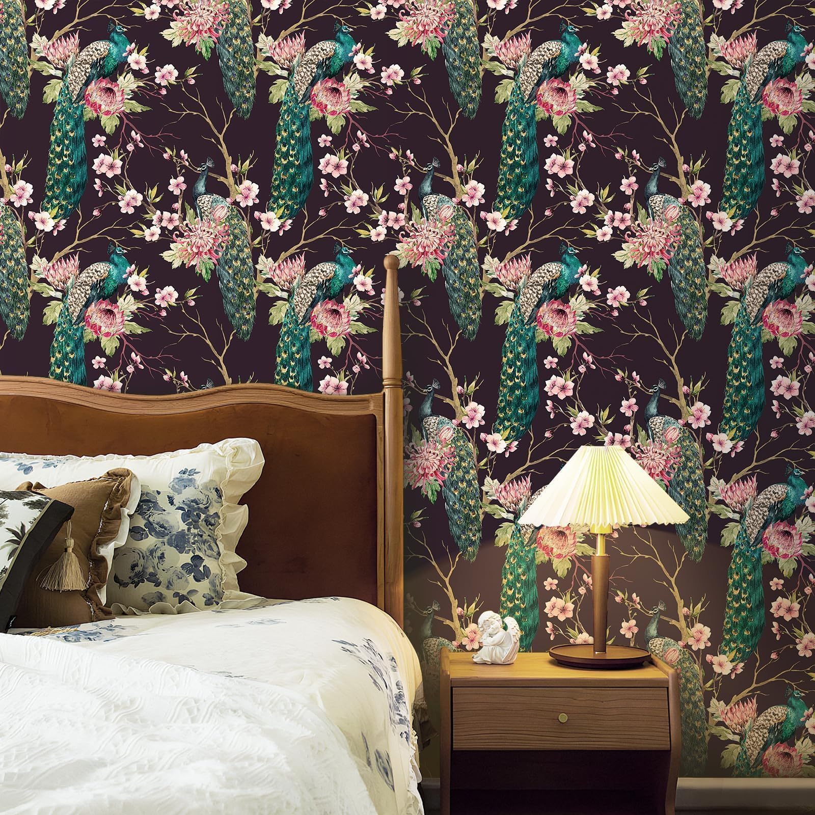 Decotalk Tapeta kwiatowa, samoprzylepna, różowa, kwiat brzoskwini i paw, tapeta ścienna, 44,5 x 900 cm, orientalny styl, samoprzylepna, tapeta różowa, kwiaty, do sypialni, folia meblowa do szafek