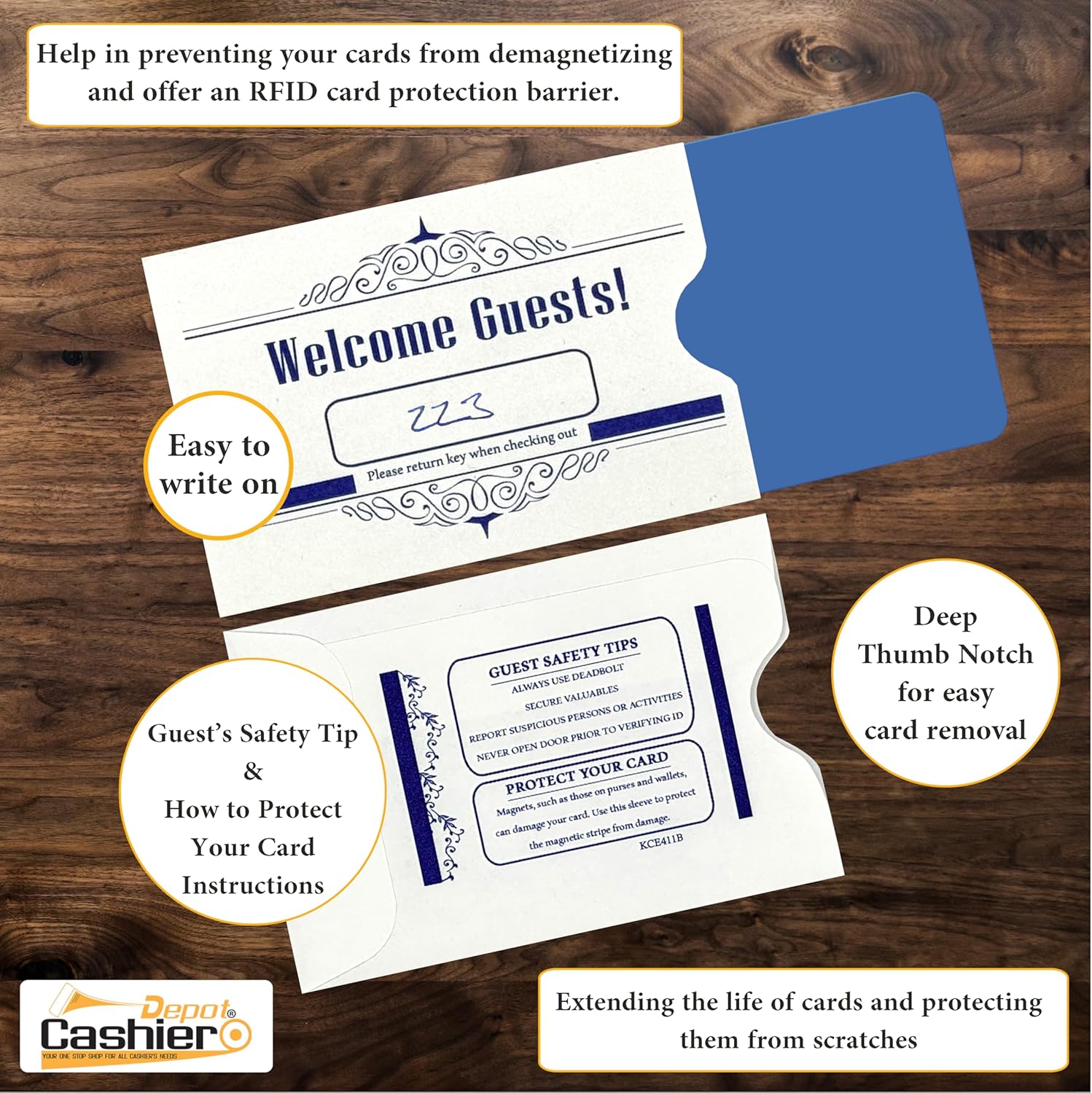 500 Cashier Depot - Hotel Key Card Sleeves, White, 24 lb Paper, 2 3/8 x 3 1/2 Inches, Welcome Guest Message in Blue, 500 Count