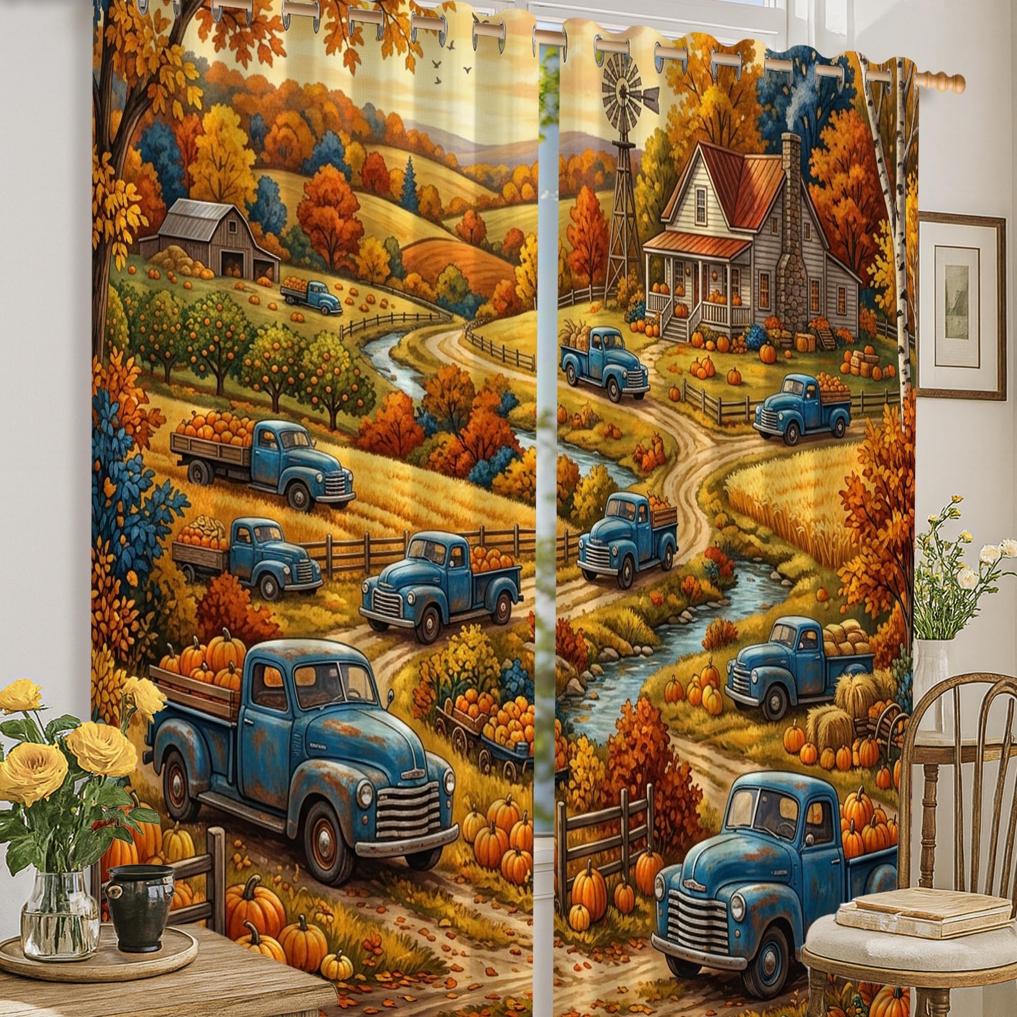 Rideaux occultants 132 x 183 cm infroissables, rideau de fenêtre bleu automne motif camion