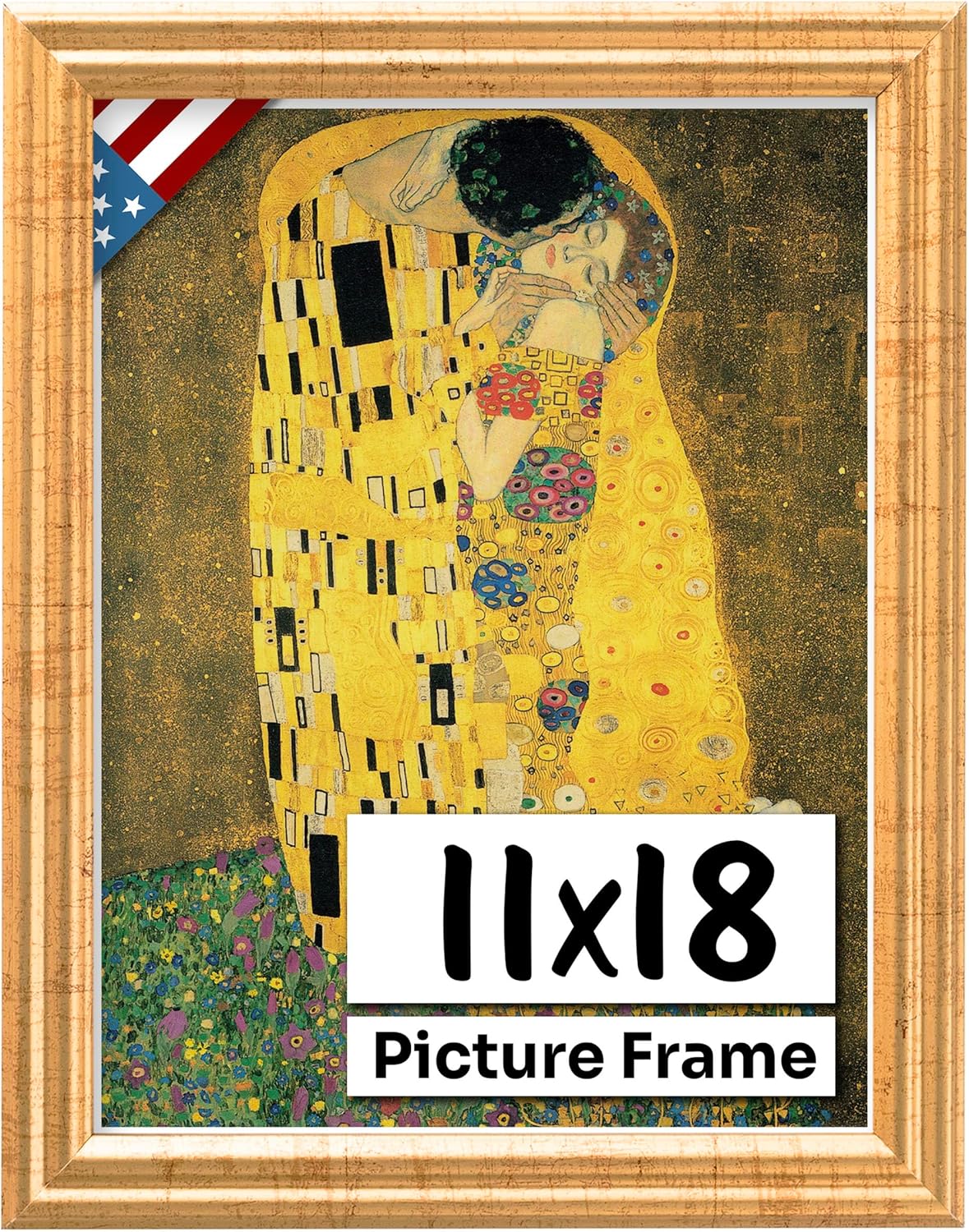 Antique Gold 11x18 Picture Frame .75" Inch Wide - Gold Wall Decor Handmade Solid Wood Frames with Preinstalled Hangers and UV Blocking Plexiglass 18x11 Frame