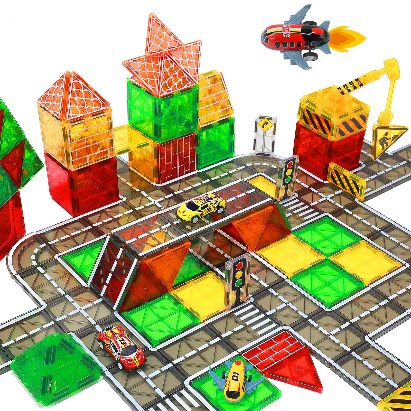 Magnetic Tiles, Magnetic Blocks Road Tiles Set, Magnets Construction Toys for Kids Ages 3-5 4-8 8-12, Toddlers STEM Preschool Toy Boys Girls Toys with Crane Airplane Car