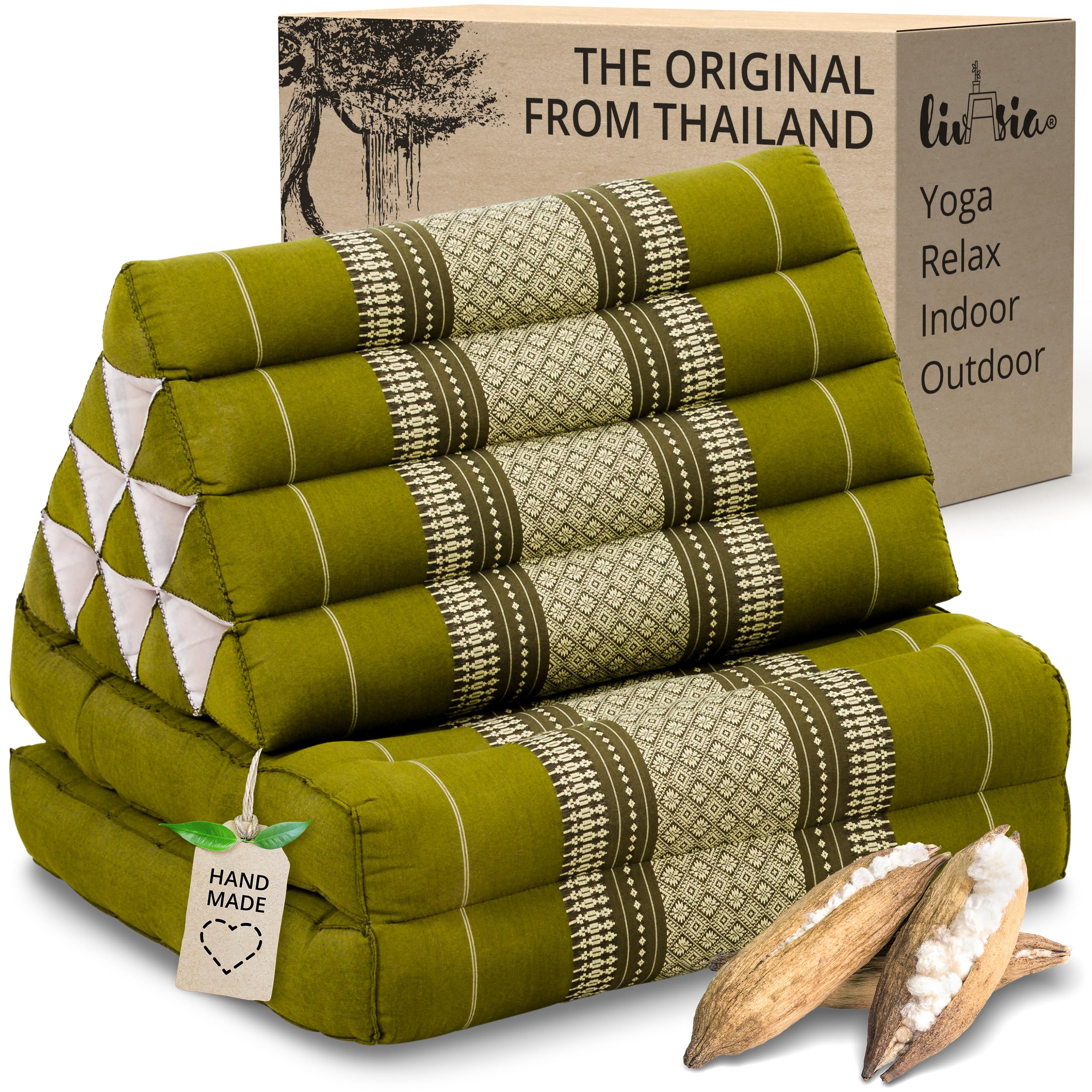 livasia Thai cushion with 2 seat rests - 47x20x3.1″ - Triangle cushion with seat cushion, Wedge cushion, kapok, Back support cushion, folding, Thai mat, folding, Hand made (Green)