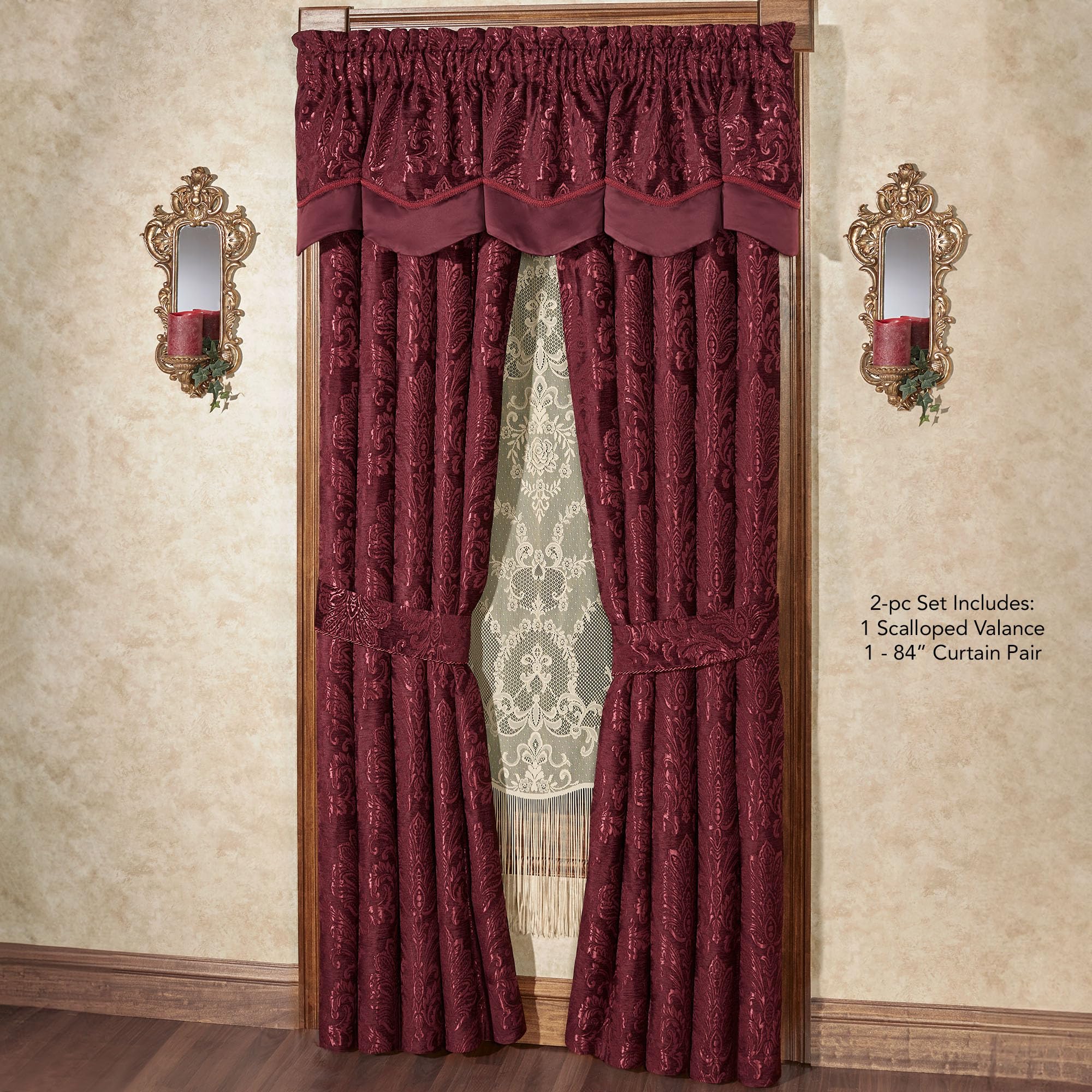 Touch of Class Camelot Luxury Window Treatment | Robust Burgundy | Matte Satin Damask on Richly Textured Jacquard-Woven Chenille Design | Drapery Set Includes Scalloped Valance and 84L Curtain Pair