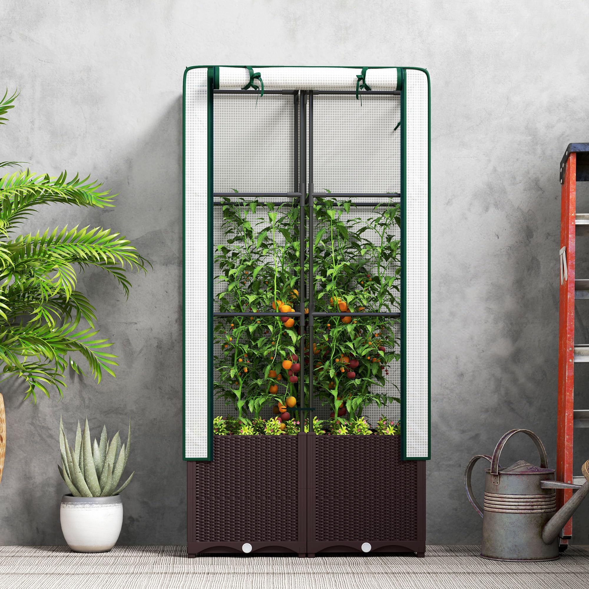 Outsunny Jardinière surélevée avec treillis, jardinière en plastique avec couvercle en polyéthylène, trous de drainage, bouchons de vidange et réservoirs d'eau pour plantes grimpantes, légumes, fleurs