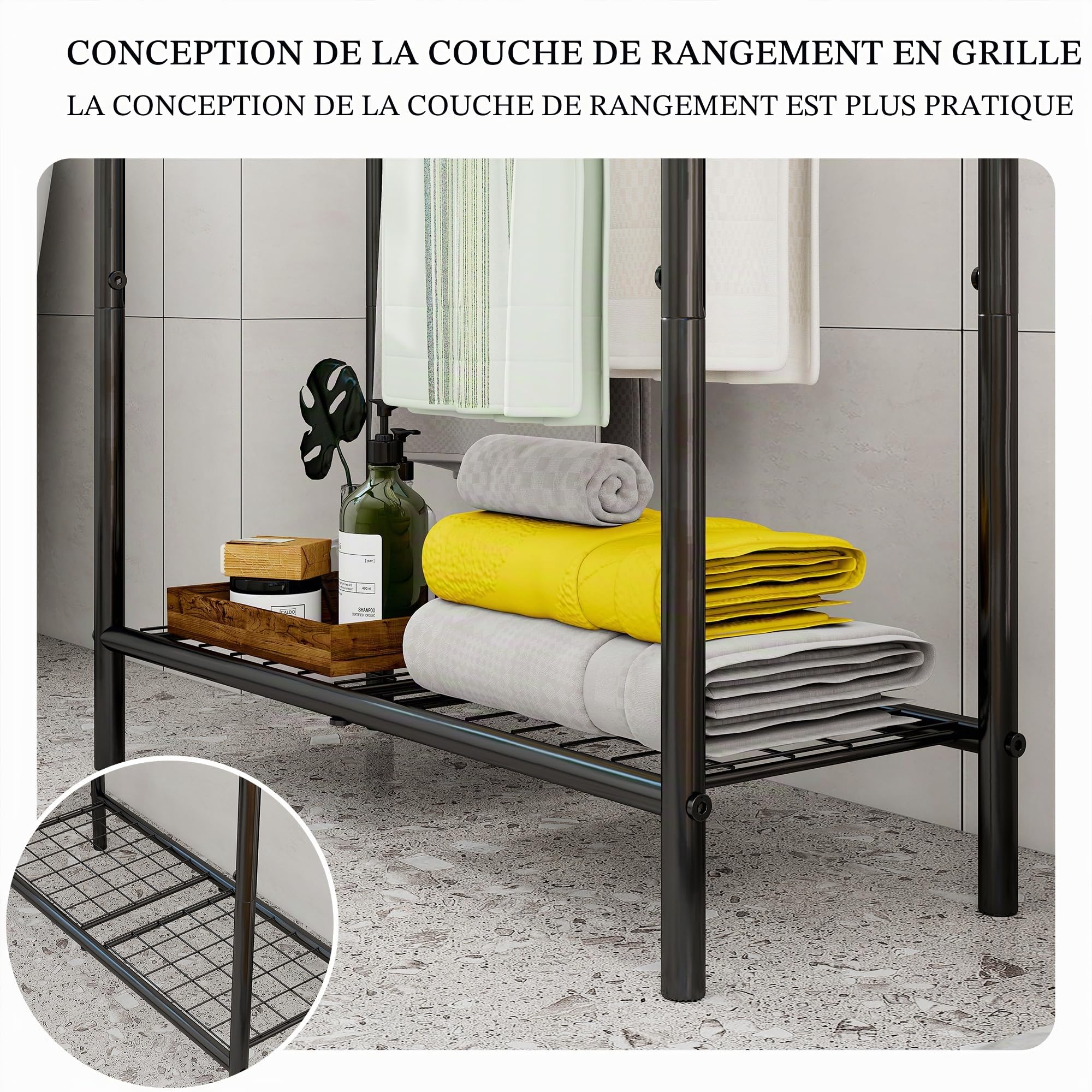 Porte-serviettes à 3 niveaux en métal, petit porte-serviettes autonome pour salle de bain, gain de place, chambre à coucher, salle de bain, étagère d'affichage pour piscine (noir, 70 x 27 x 76