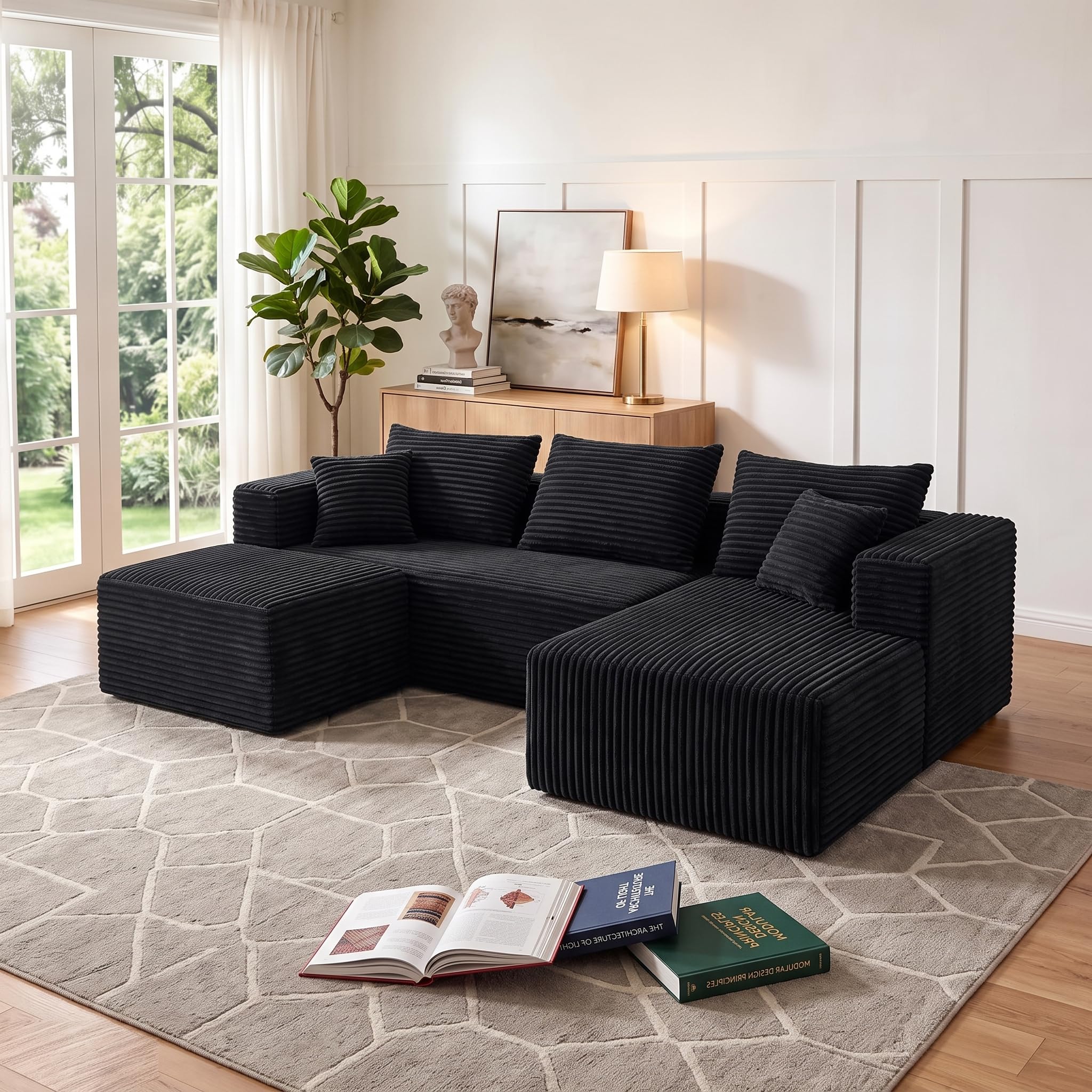 93" Boneless U-shaped Couch for Living Room, Black, Right Facing Chaise