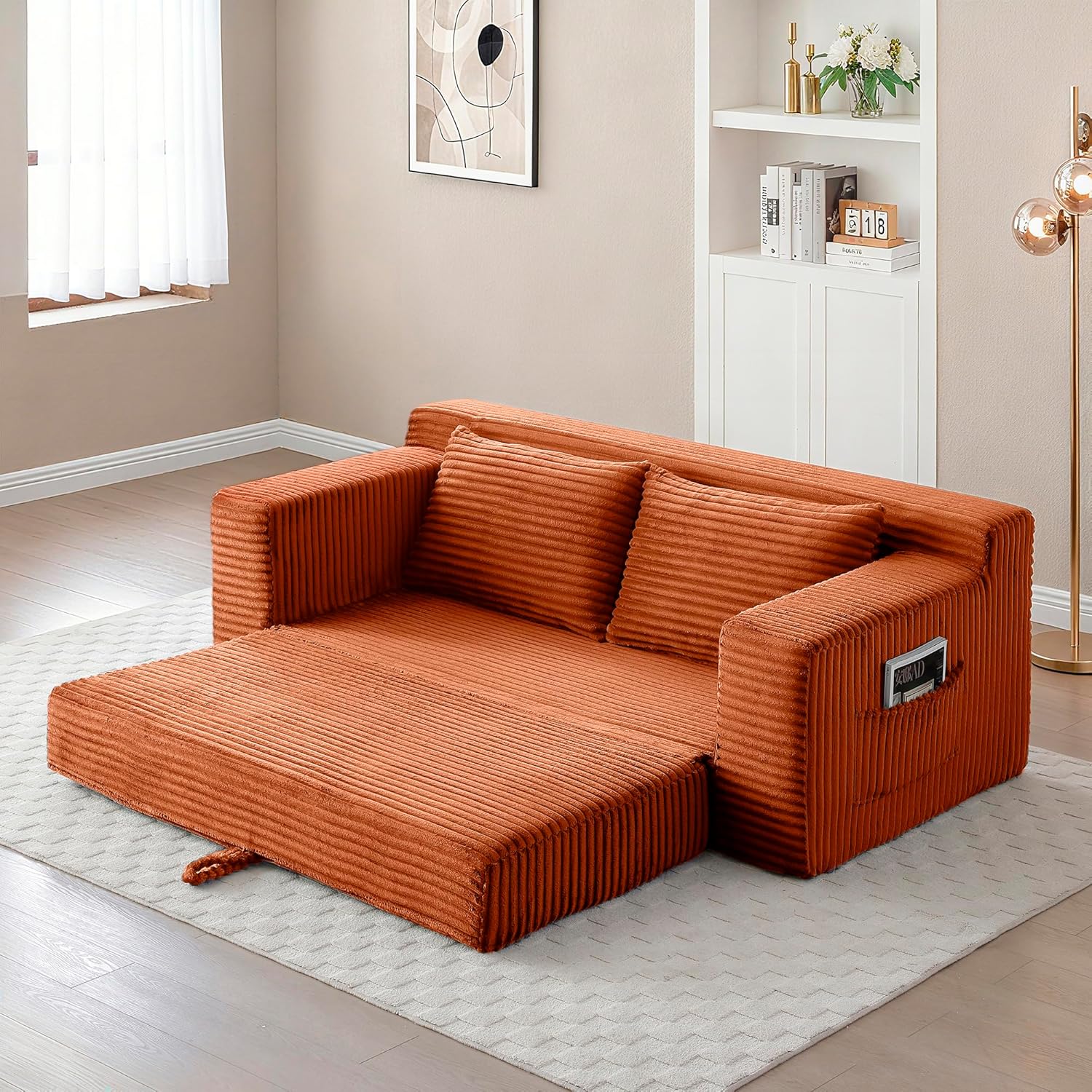 73" Convertible Sofa Bed, 2 in 1 Corduroy Folding Couch with Pillows, No Assembly Boneless Compression Sofa in Box, Loveseat with Side Storage Pocket for Apartment, Living Room, Orange