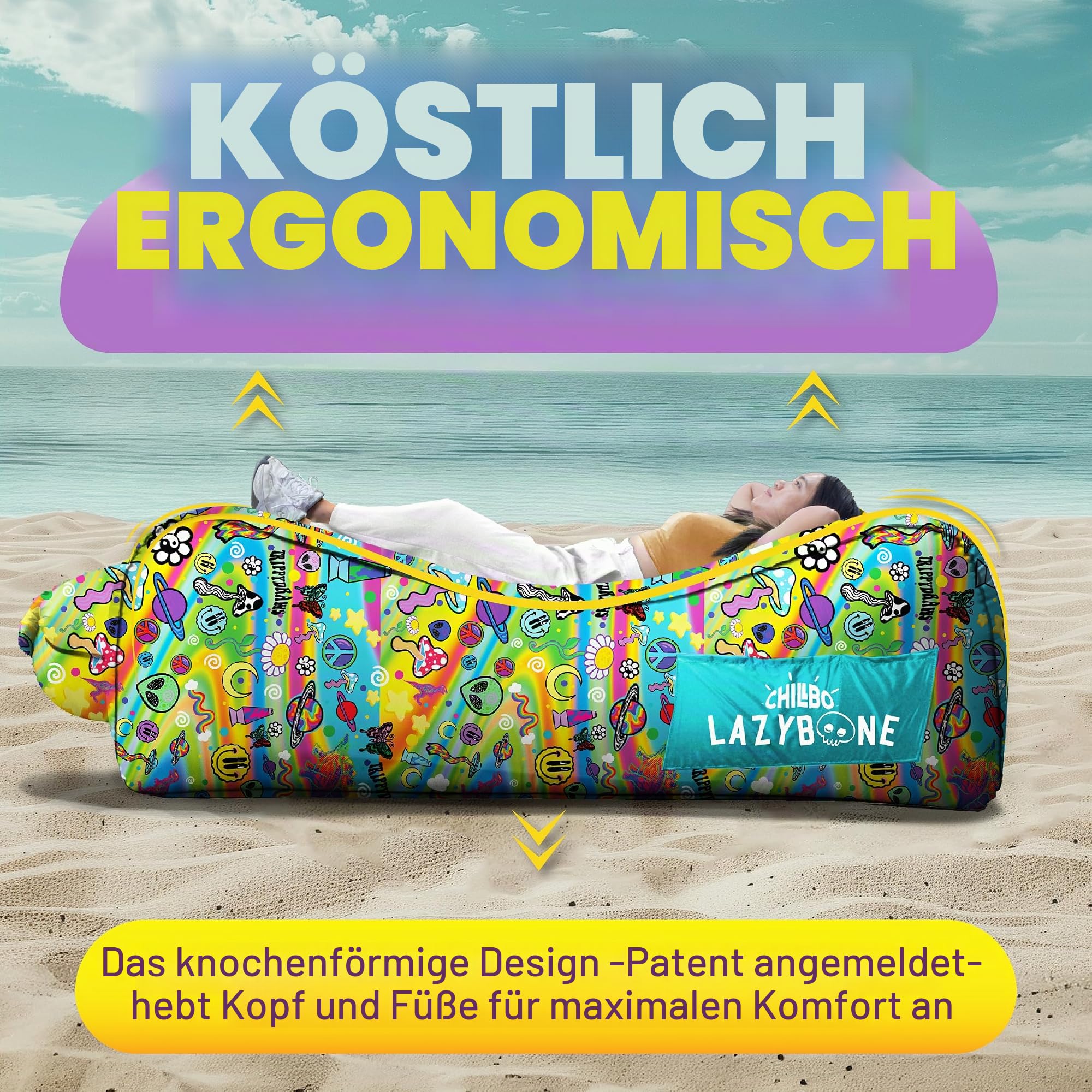 Chillbo x TrippyDraws Lazybone Aufblasbare Couch – Ultimative aufblasbare Liege für maximale Entspannung – Die perfekte aufblasbare Couch für Musikfestivals