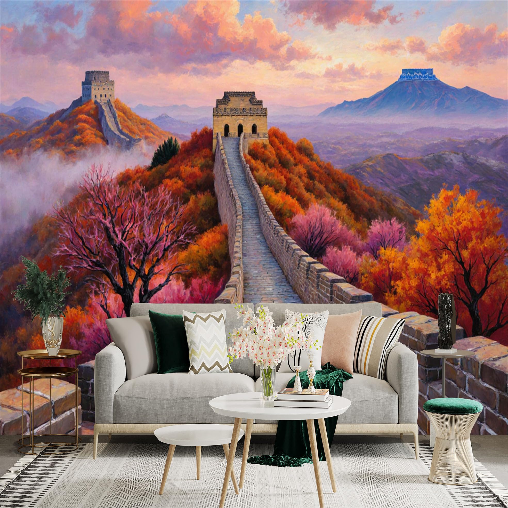 Lnzczhyre Xc260505830 Custom Size Wall Sticker Mural， Ancient Great Wall At Sunset， Autumn Foliage Landscape， Serene Mountain Peaks， Asian Historical Landmark， For Wall Decoration， Peelandstick Wall Decals.