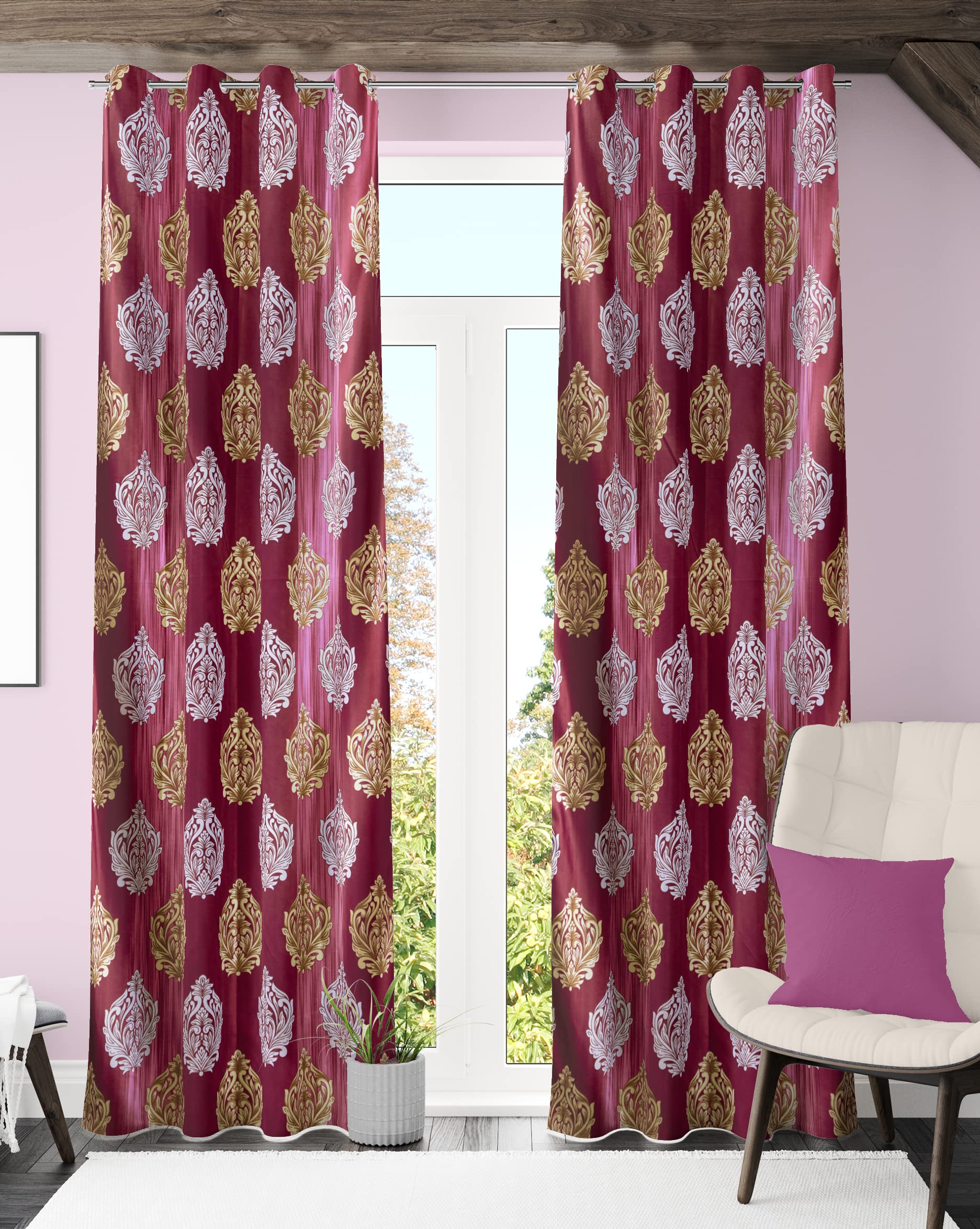 REDECOR Damask Print Curtain for Bedroom/LIVINGROOM (Pack of 1, Maroon, Long Door - 9 FEET)