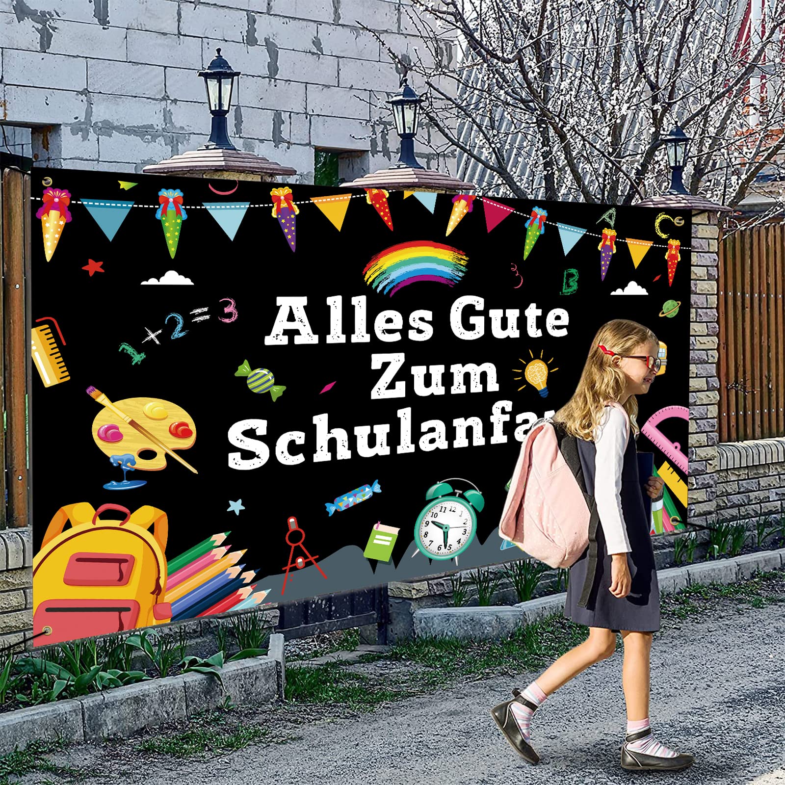 Banner Einschulung Deko - Bunt, 185x110 Cm, Mit Seil Für Schulanfang & Feiern