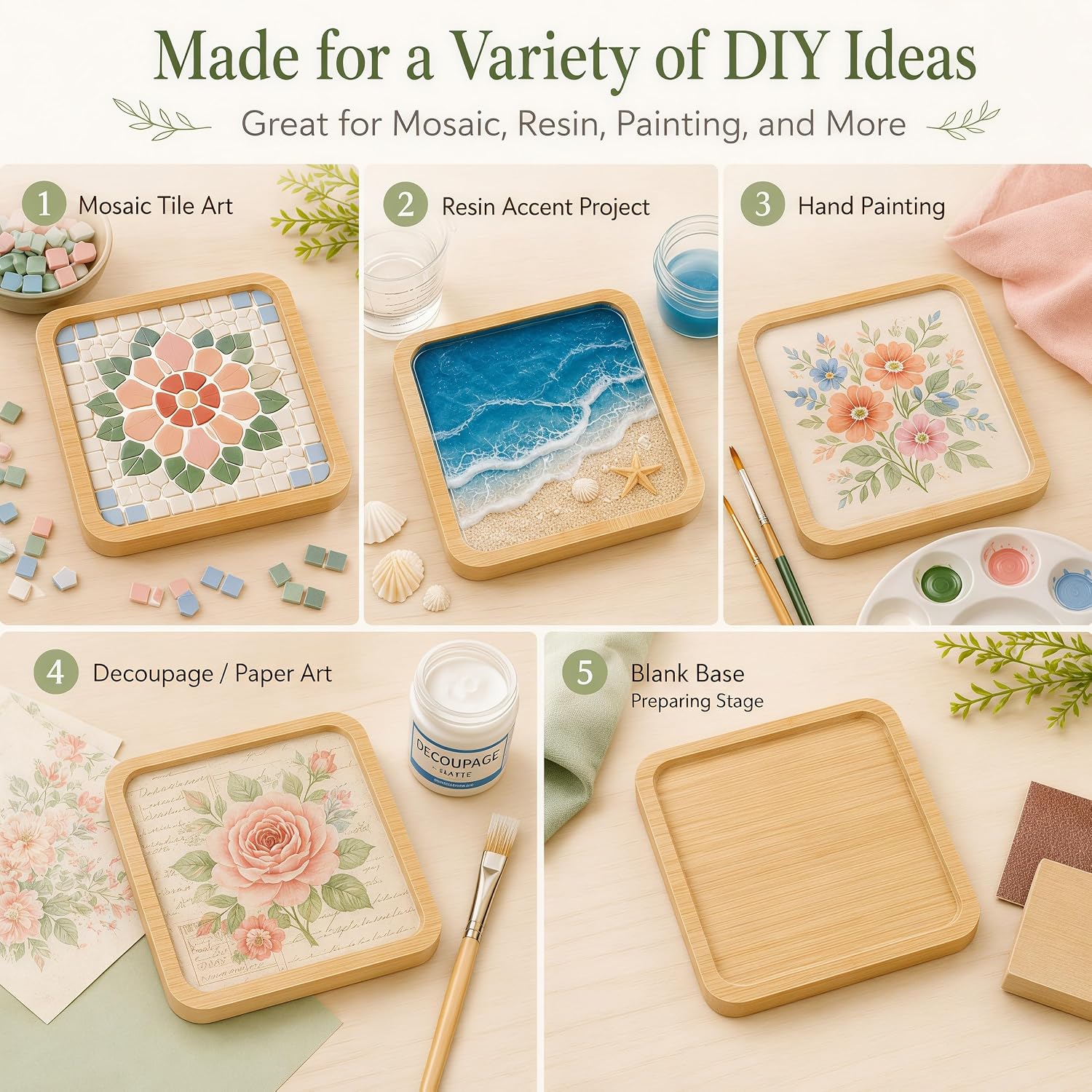 16 Pack Bamboo Coasters for Crafts, Square Blank Bases with Raised Edge
