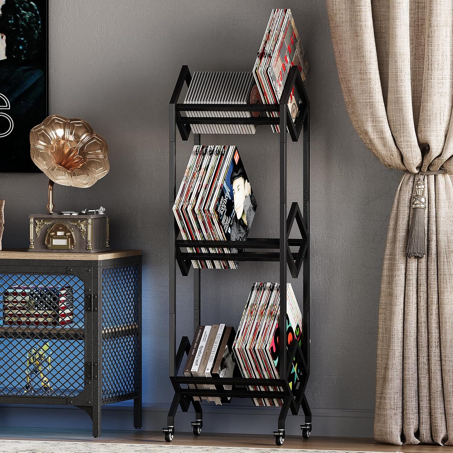 3 Tier Vinyl Record Storage Rack, Mobile Black Metal LP Storage Display Stand with Casters, Large Capacity Record Holder for Albums, Books, Magazines, and Office Files