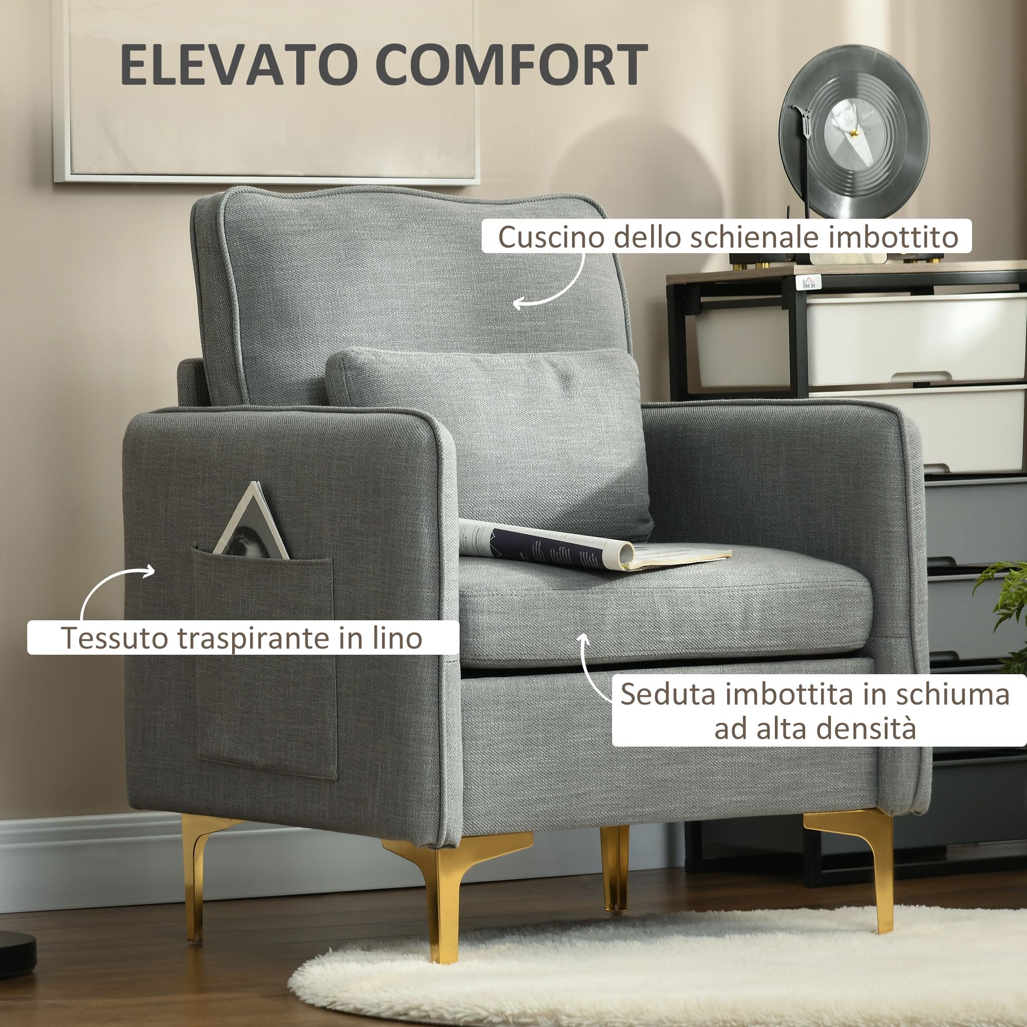 HOMCOM Poltroncina Moderna con Tessuto Effetto Lino, Gambe in Acciaio e Tasche Laterali, 72x72x90cm, Grigio