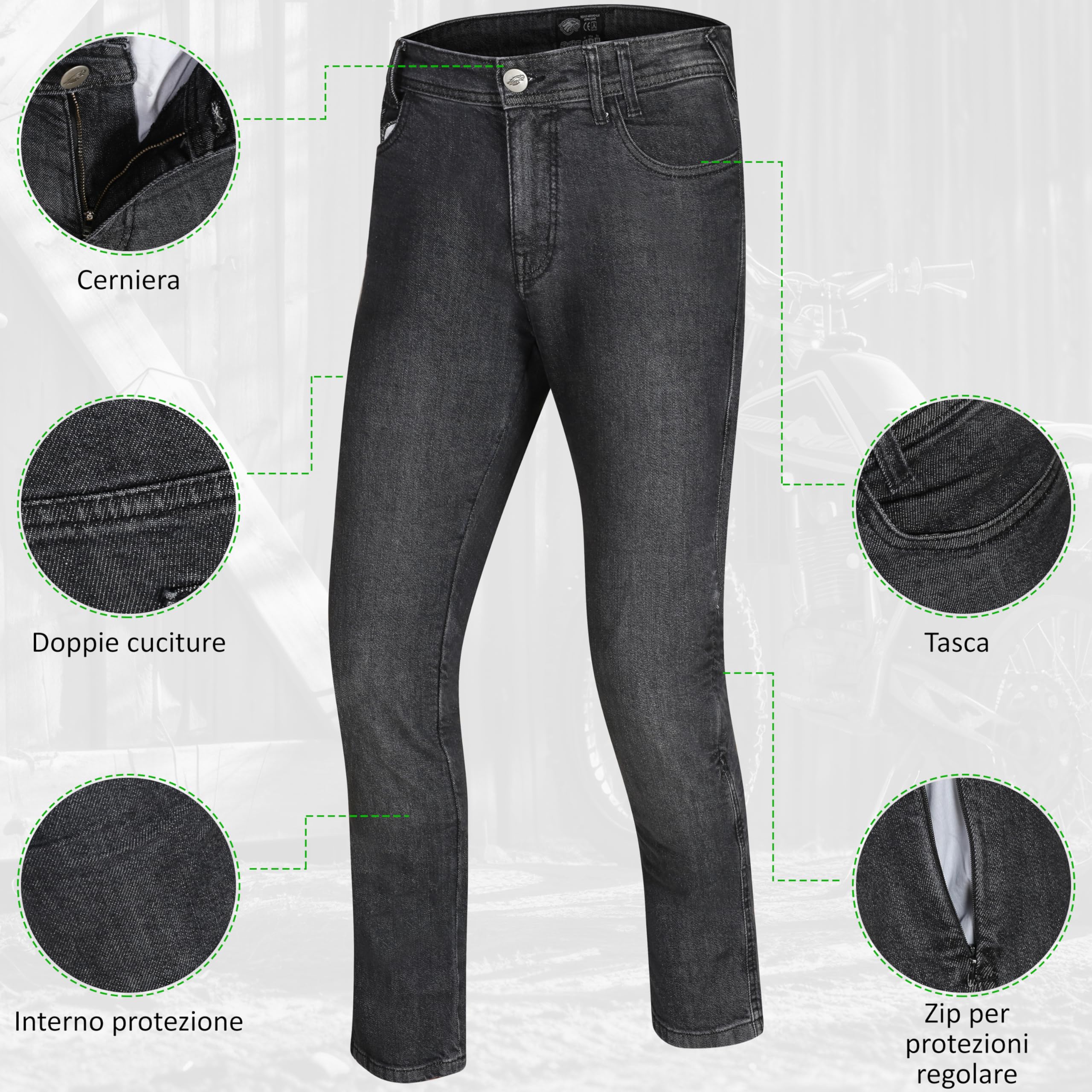 STORM Jeans da Moto Uomo Biker Rinforzato con Protezione CE Certificata Kevlar Pantaloni Motorcycle Eagle Denim con Armature