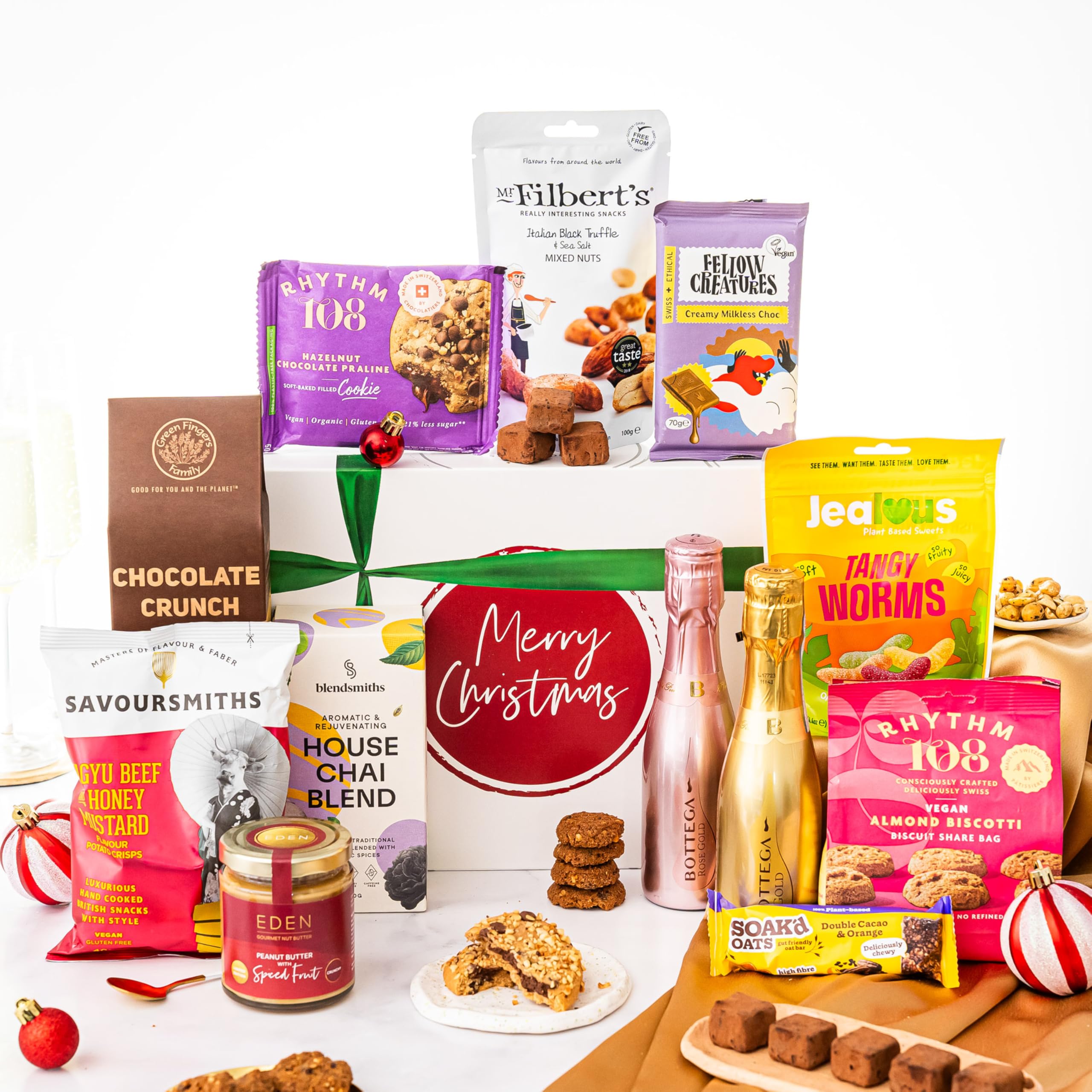 Luxury Christmas Vegan Hamper Basket, Vegan Chocolate, Dairy-Free & Gluten-Free Snacks, Vegan Gifts for Women, Vegan Chocolate Gifts, Gluten Free Hamper & Gourmet Gifts, Gift Basket, Prosecco
