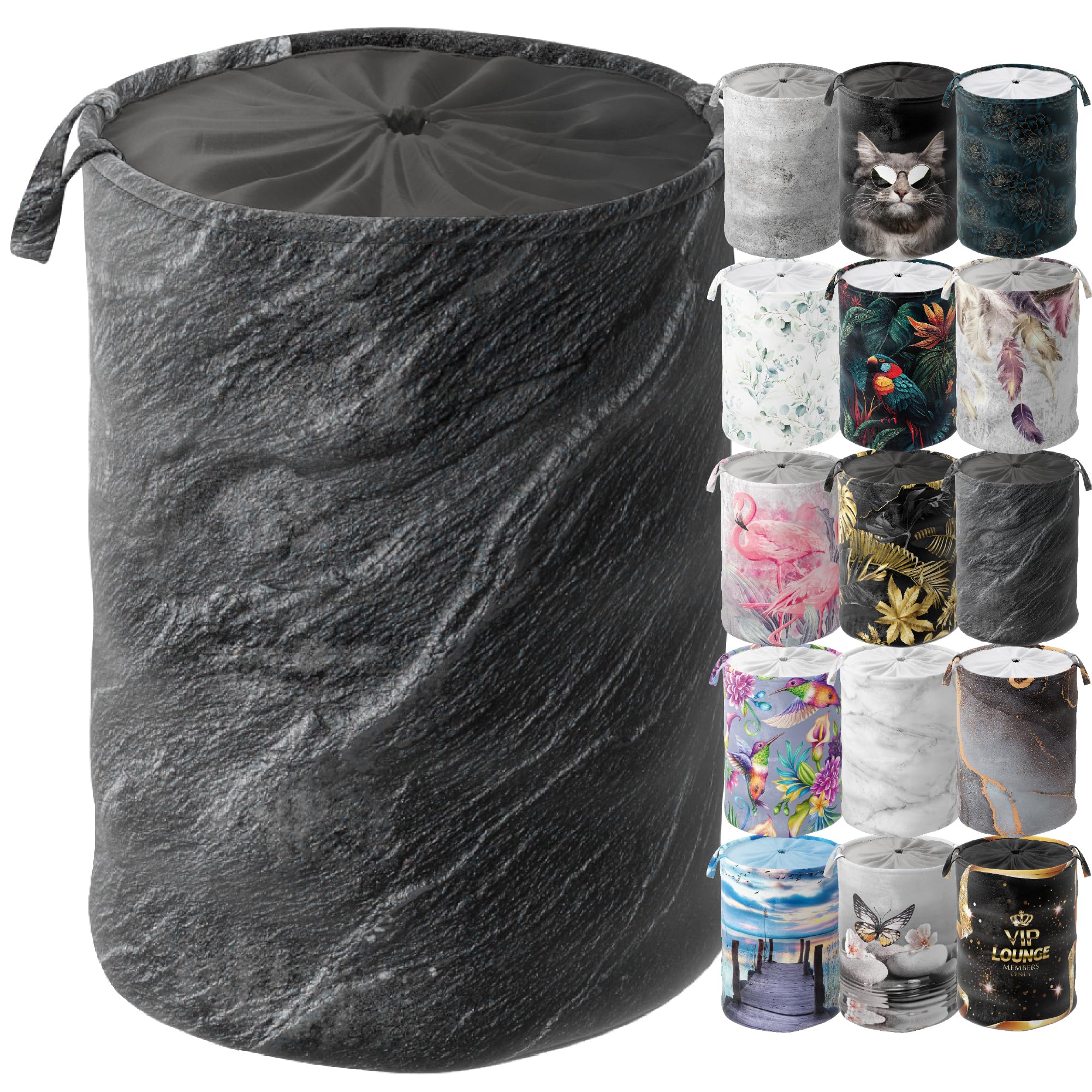 Sanilo Granite Laundry Basket With Lid, Round Storage Container 60 Litres, Foldable Laundry Bin With Handles (Granite)