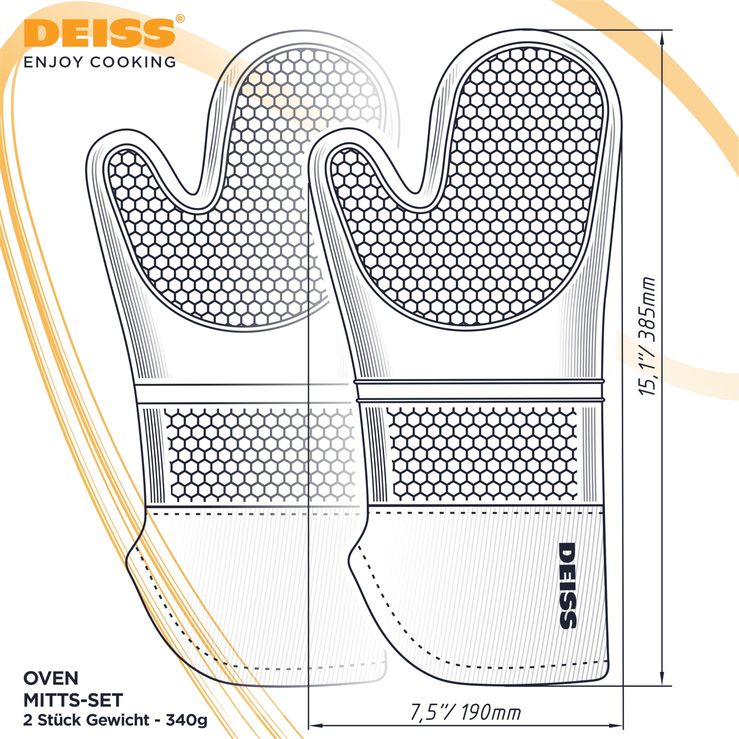 Deiss PRO Hitze- und schmutzabweisendes Silikon-Ofenhandschuh-Set, weiche, baumwollgefütterte Grillhandschuhe, wasserdicht, extra Lange, Flexible, Dicke Küchenhandschuhe zum Kochen