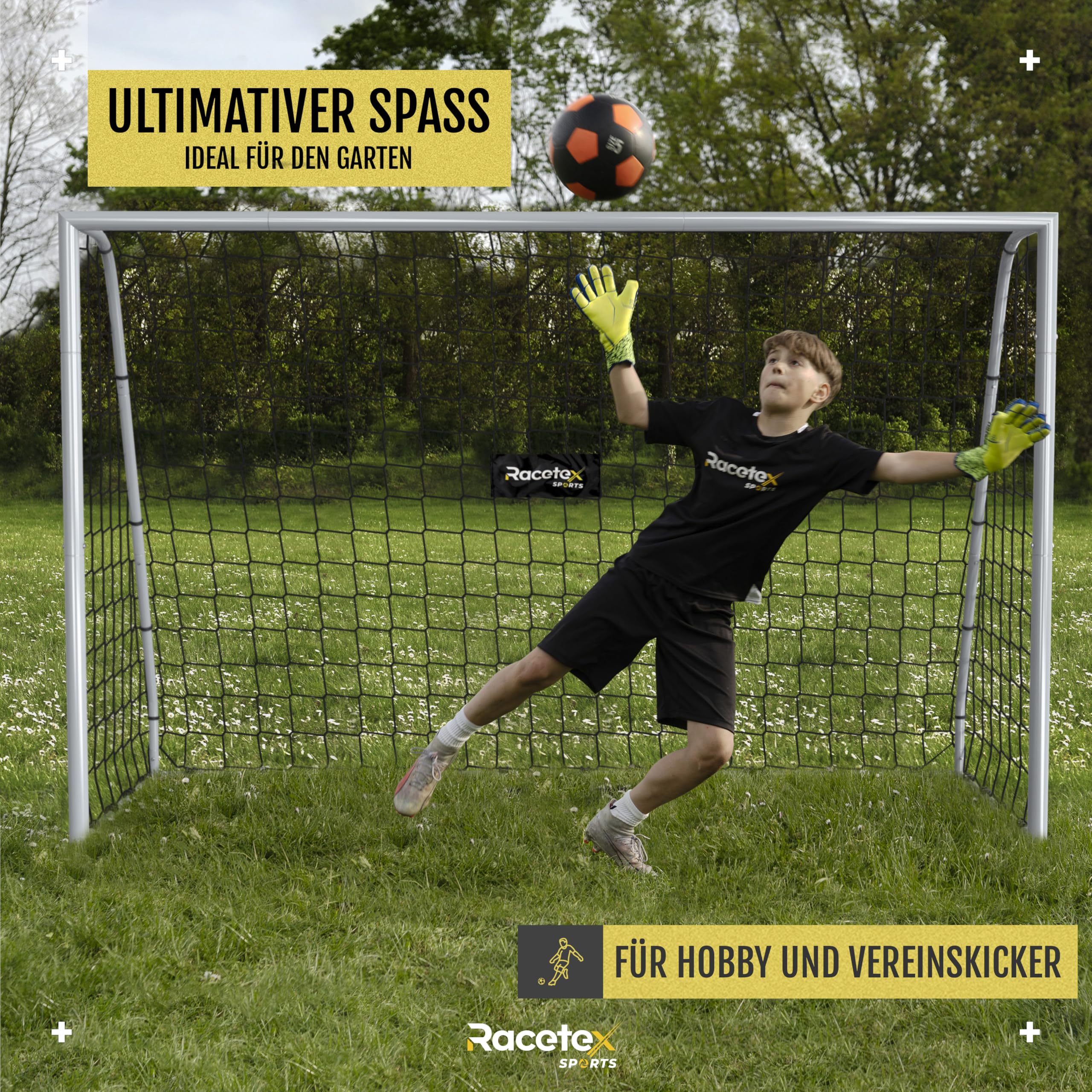 Racetex Fussballtore für Garten Kinder [WETTERFEST] - Fußballtor Kinder und Erwachsene mit stabilem Metallrahmen und Erdankern – Komfortabel aufzubauendes Fußball Tor