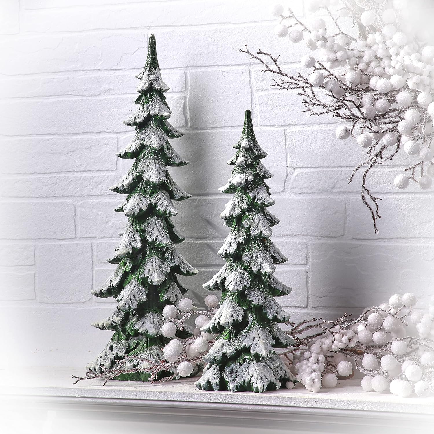 Regency International Resin Frosted Snow Christmas Tree Figurine, 15 Inch Height, Green and White