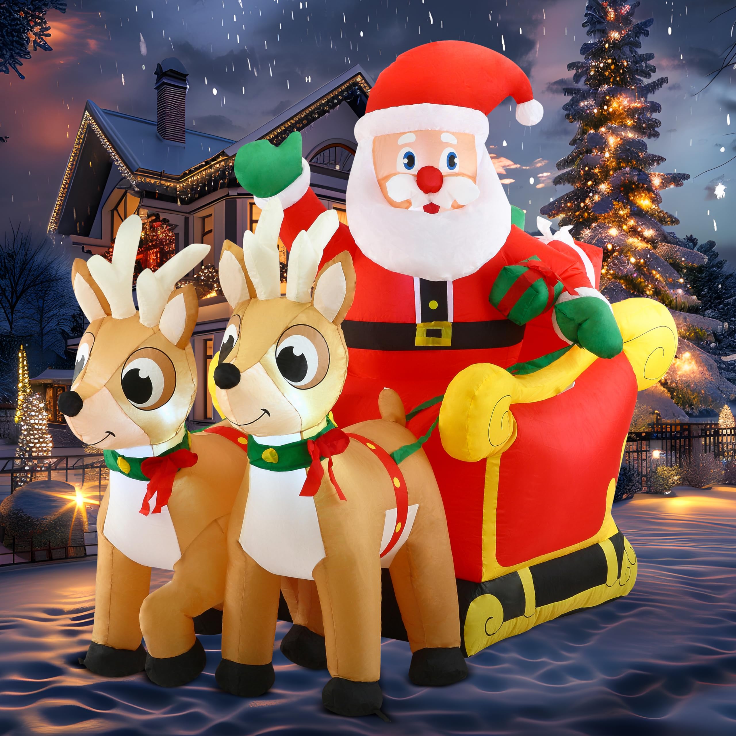 Joiedomi Père Noël Gonflable sur Un Traîneau, 1.83m de Long, avec l'éclairage LED, Cadeau de Noël Gonflable, pour Décoration de Jardin d'intérieur/extérieur