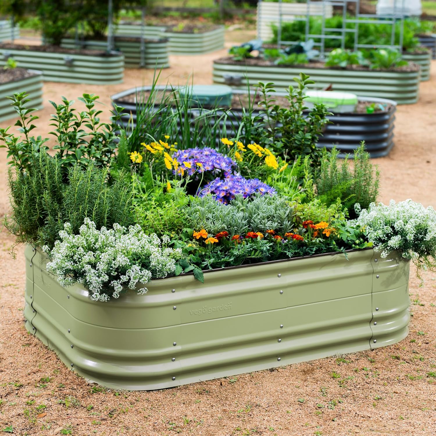 Vego garden 17" Tall 6 in 1 Novel Modular Raised Garden Bed Kit Metal Planter Box with 2 in 1 Wrench & Magnetic Plant Tags for Vegetables Flowers Fruits, Olive Green
