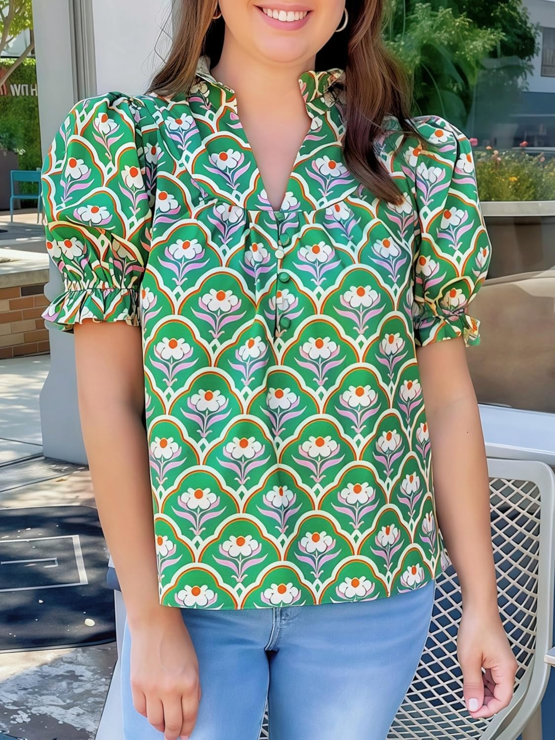 Womens Puff Short Sleeve Floral Shirt Ruffle V Neck Button Front Blouse Pleated Top - Image 4