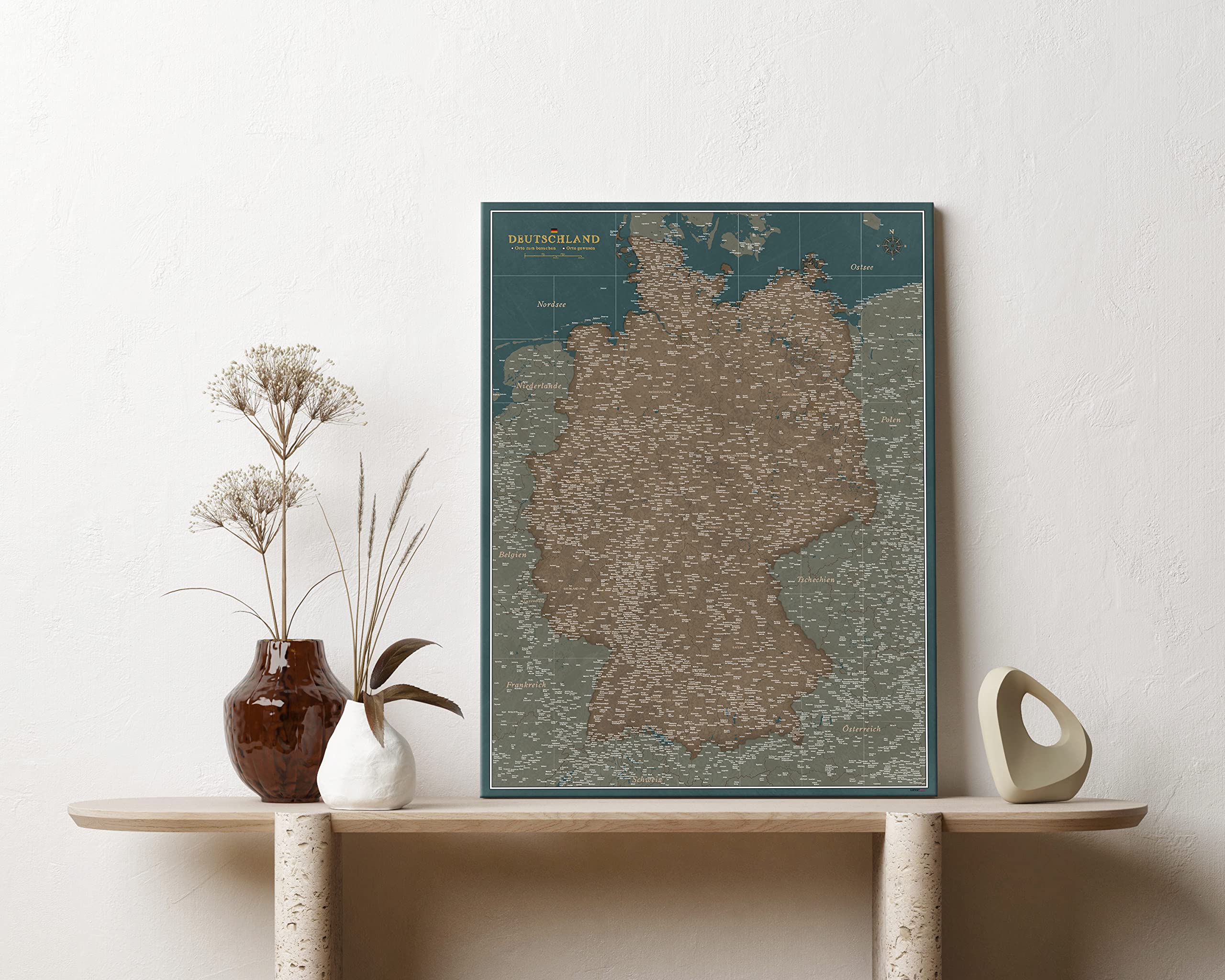 Canvas mapa Niemiec z korkową tablicą do przypinania celów podróży - dekoracja ścienna do każdego pomieszczenia - wysokiej jakości obrazy na płótnie z mapą Niemiec w różnych rozmiarach (70x50 cm, wzór 7)