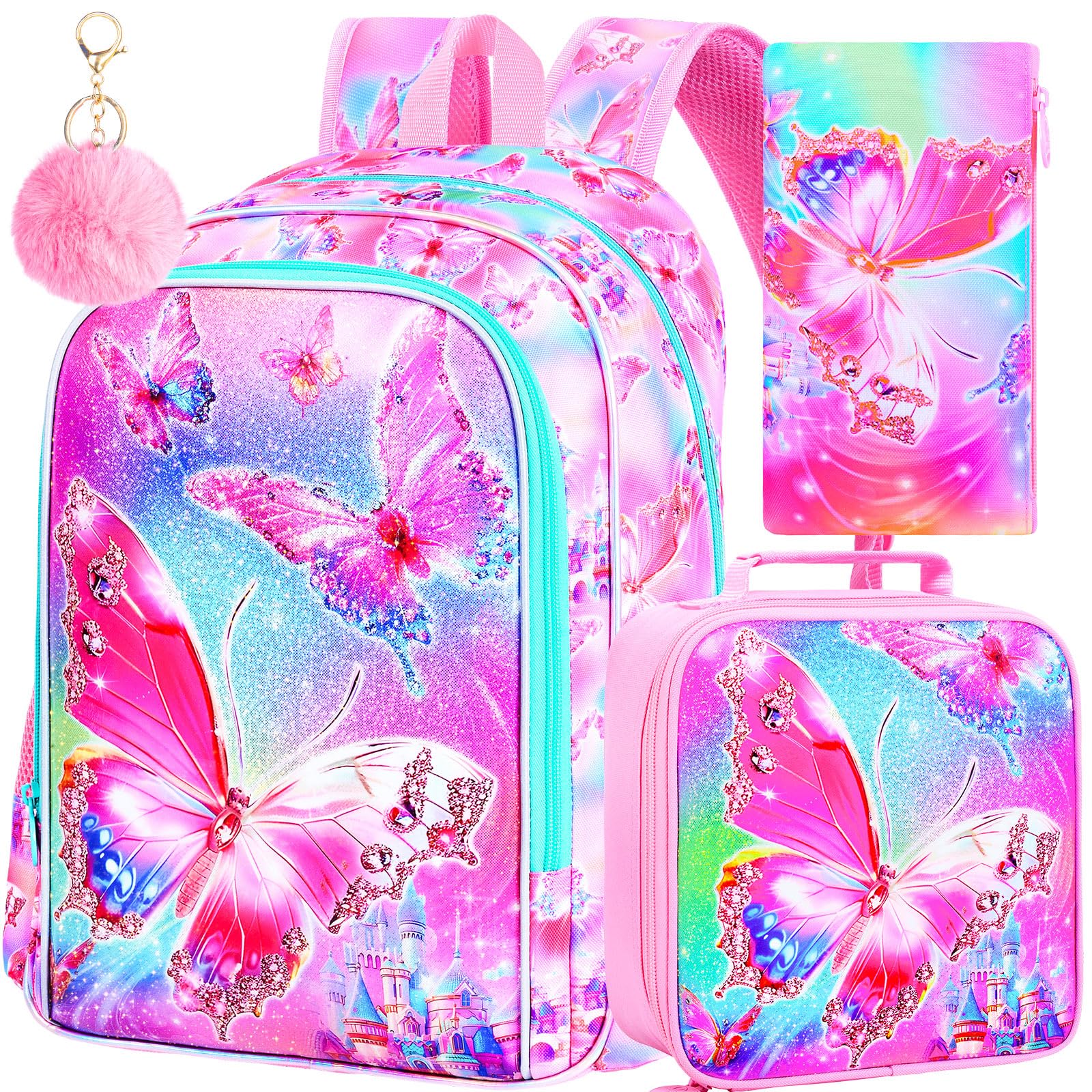 KLFVB 3PCS Butterfly Backpack for Girls, Water Resistant Kids Bookbag with Lunch Box, 16" Preschool Backpacks for Elementary - Butterfly Pink