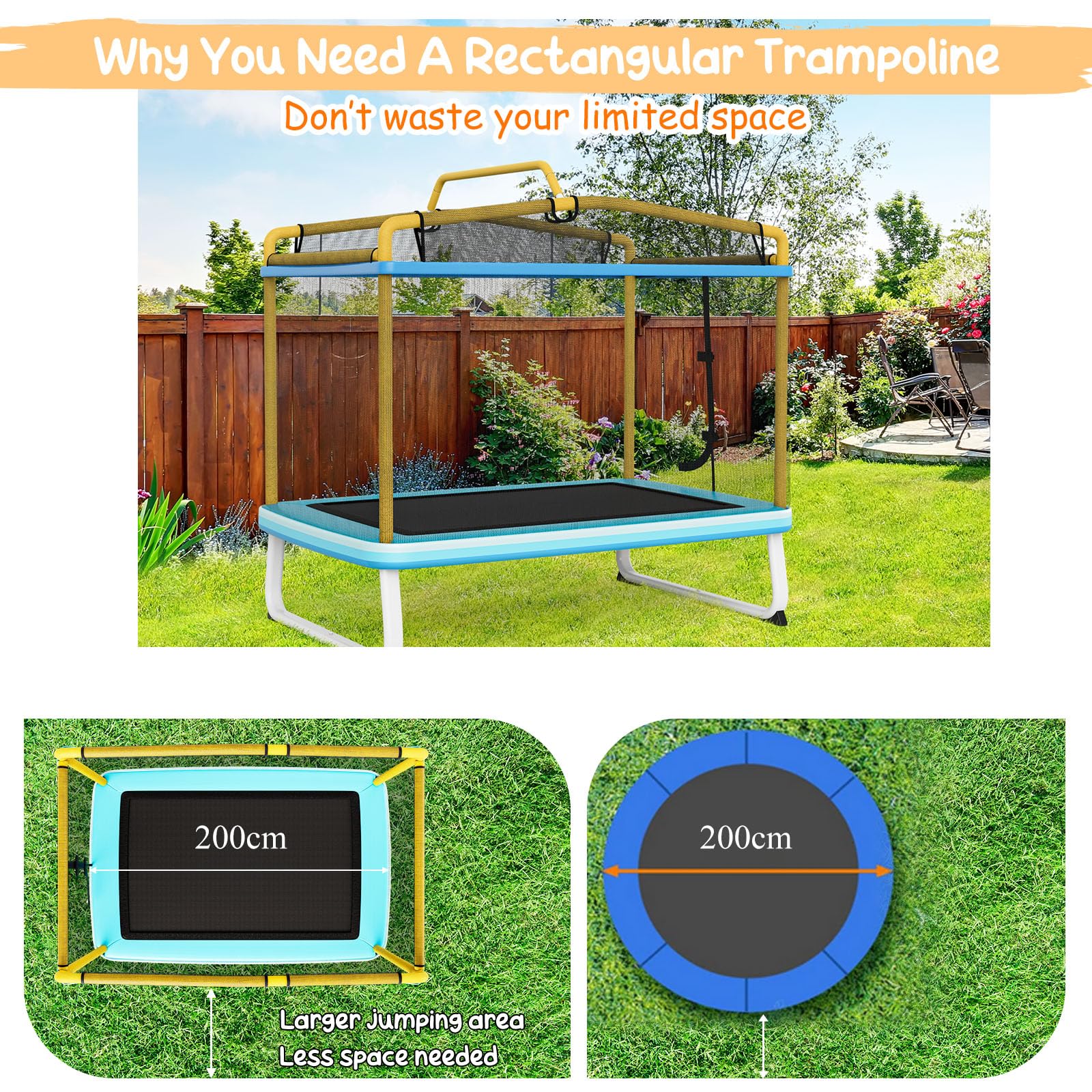 LIFEZEAL 3 en 1 Trampoline Enfant avec Balançoire Amovible & Barre Horizontale, Trampoline Extérieur 190x124x172 cm avec Charge de 200 kg pour 2-3 Enfants