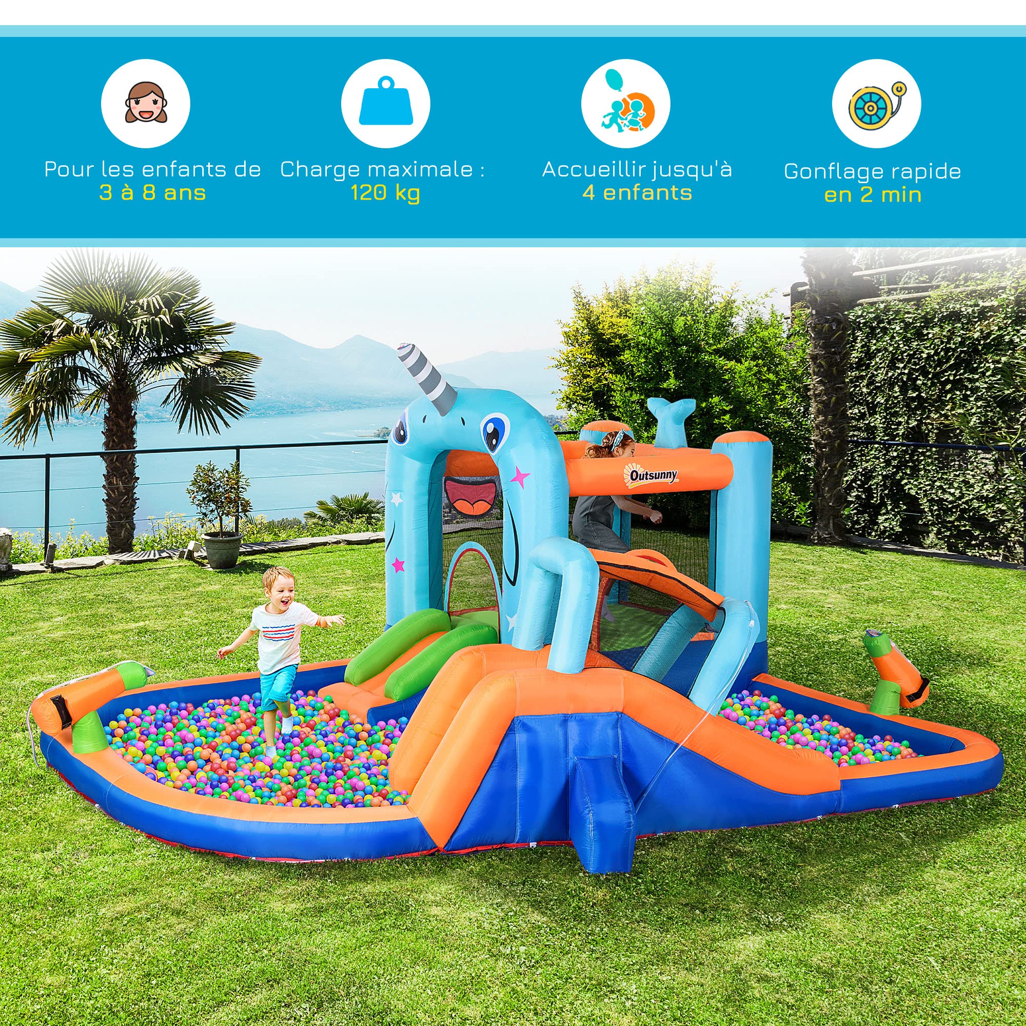 Outsunny Château Gonflable Structure Gonflable Aire de Jeux avec Pistolet à Eau Toboggan Trampoline piscines + 3-8 Ans avec gonfleur et Sac de Transport 420 x 370 x 230 cm - Multicolore