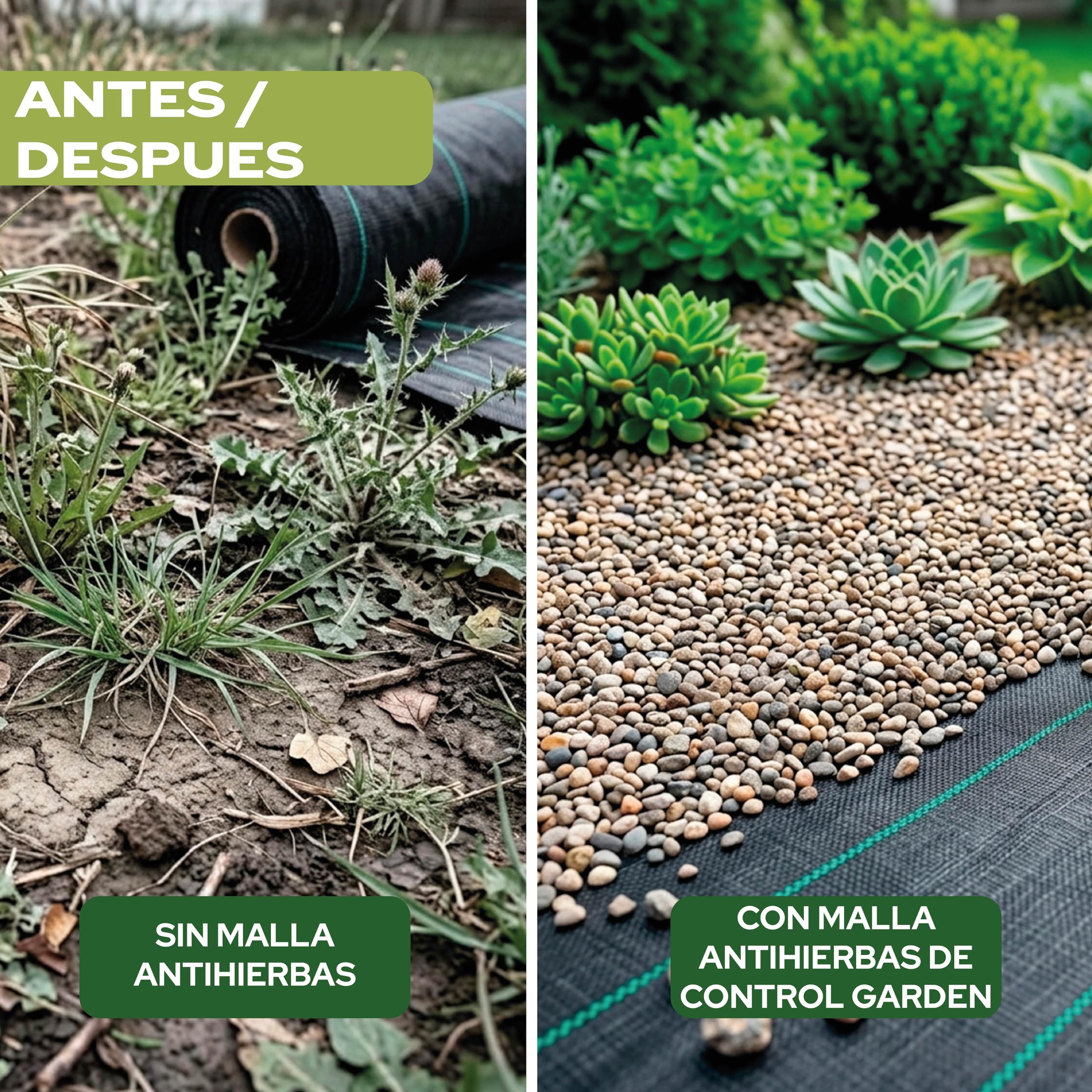 Control Garden Malla Antihierbas 2 x 50m Grosor 105gr | Malla Anti Malas Hierbas y Maleza para Jardín, Huerto, Cesped | Lona Antigerminante Transpirable, Permeable y Resistente