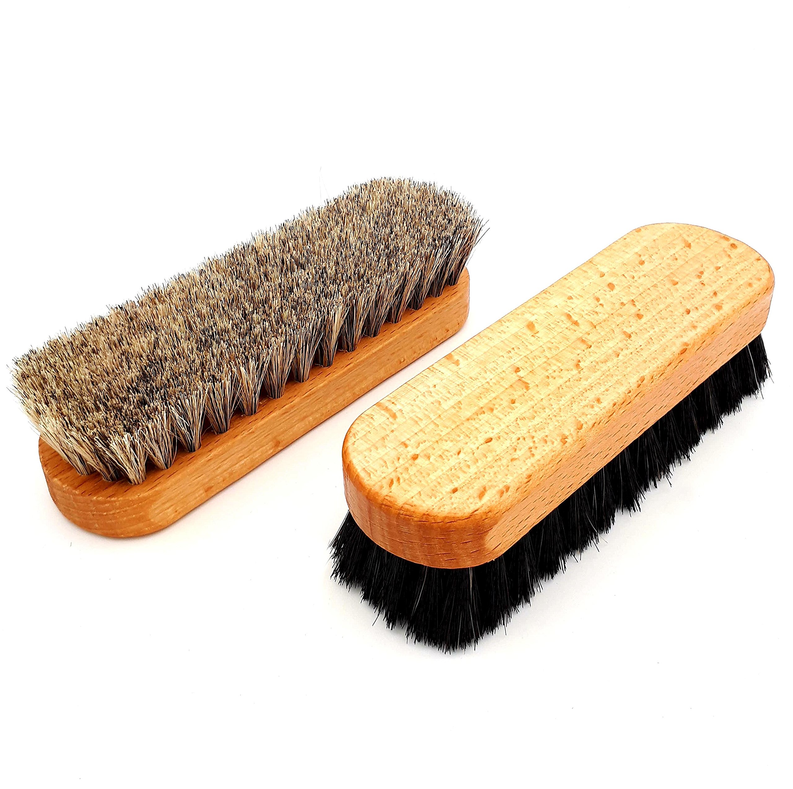 DELARA Deux brosses de Polissage de Haute qualité, 100% CRIN de Cheval, en Bois de hêtre laqué avec rainures de préhension