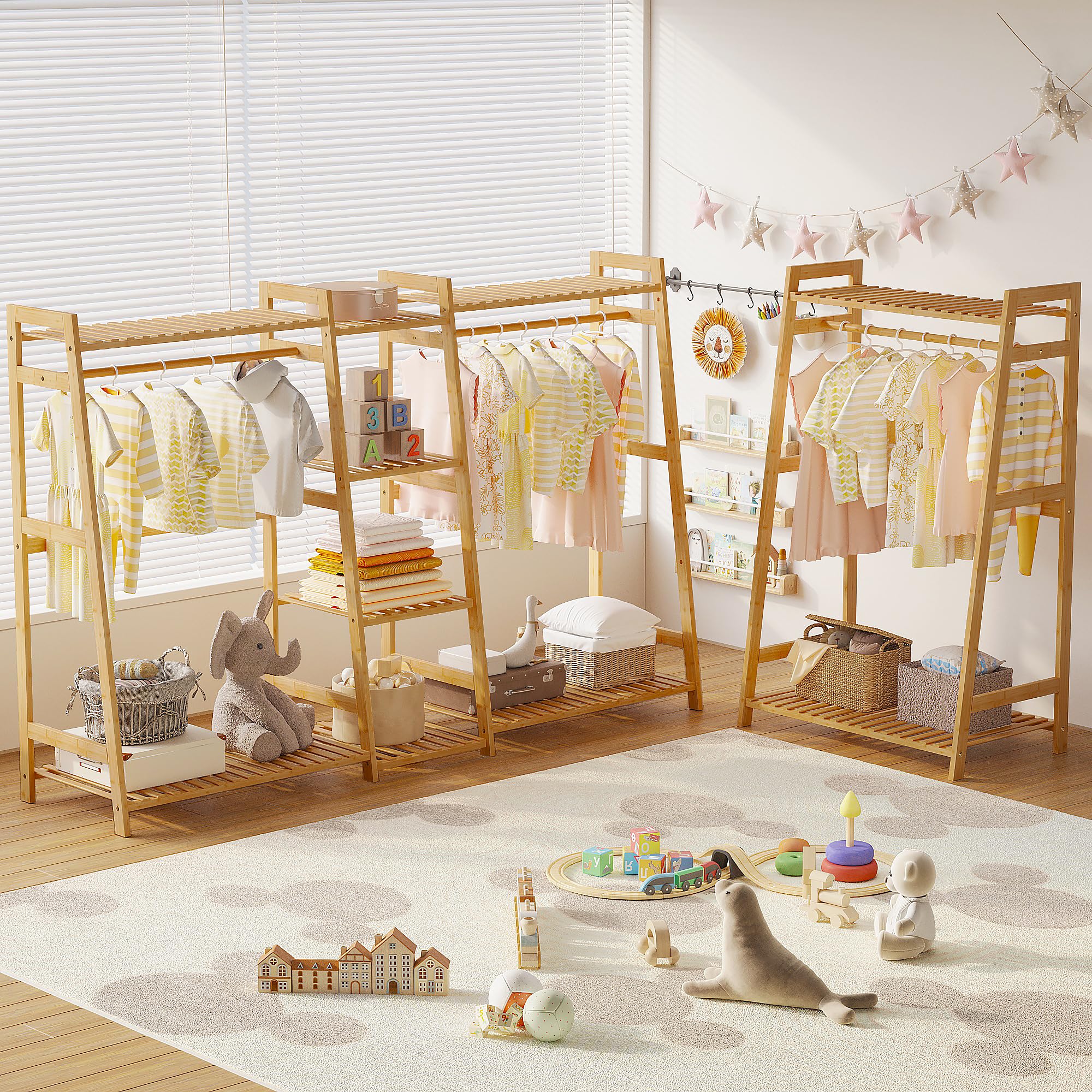 ハンガーラック キッズ 子供用 多段式 衣類収納 低め 竹製 かわいい 収納力 Amazon｜​​ハンガーラック キッズ 子供用 多段式 衣類収納 低め 竹製