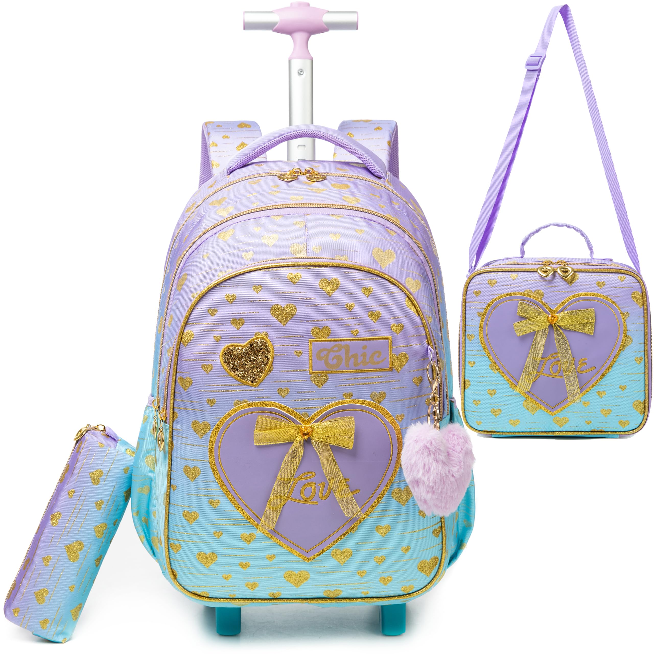 HTgroce Mochila Escolar con Ruedas Niña Equipaje de Viaje Mochila Ruedas Niña Traiga un Estuche para lápices y una Bolsa para el Almuerzo