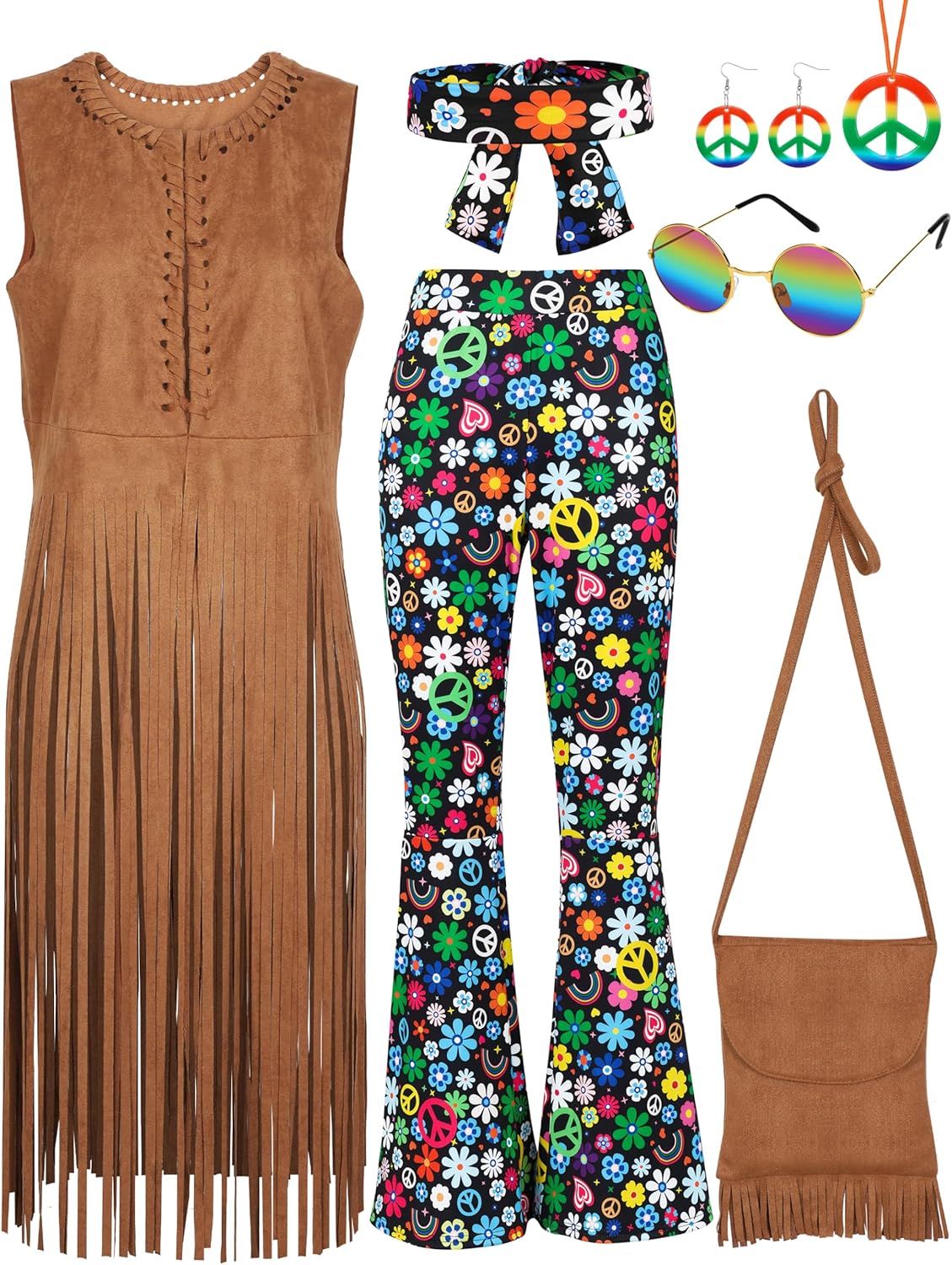 SOMSOC 7 Pieces 70s Women Hippie Costume Fringe Vest Bag Pant Headband for Halloween