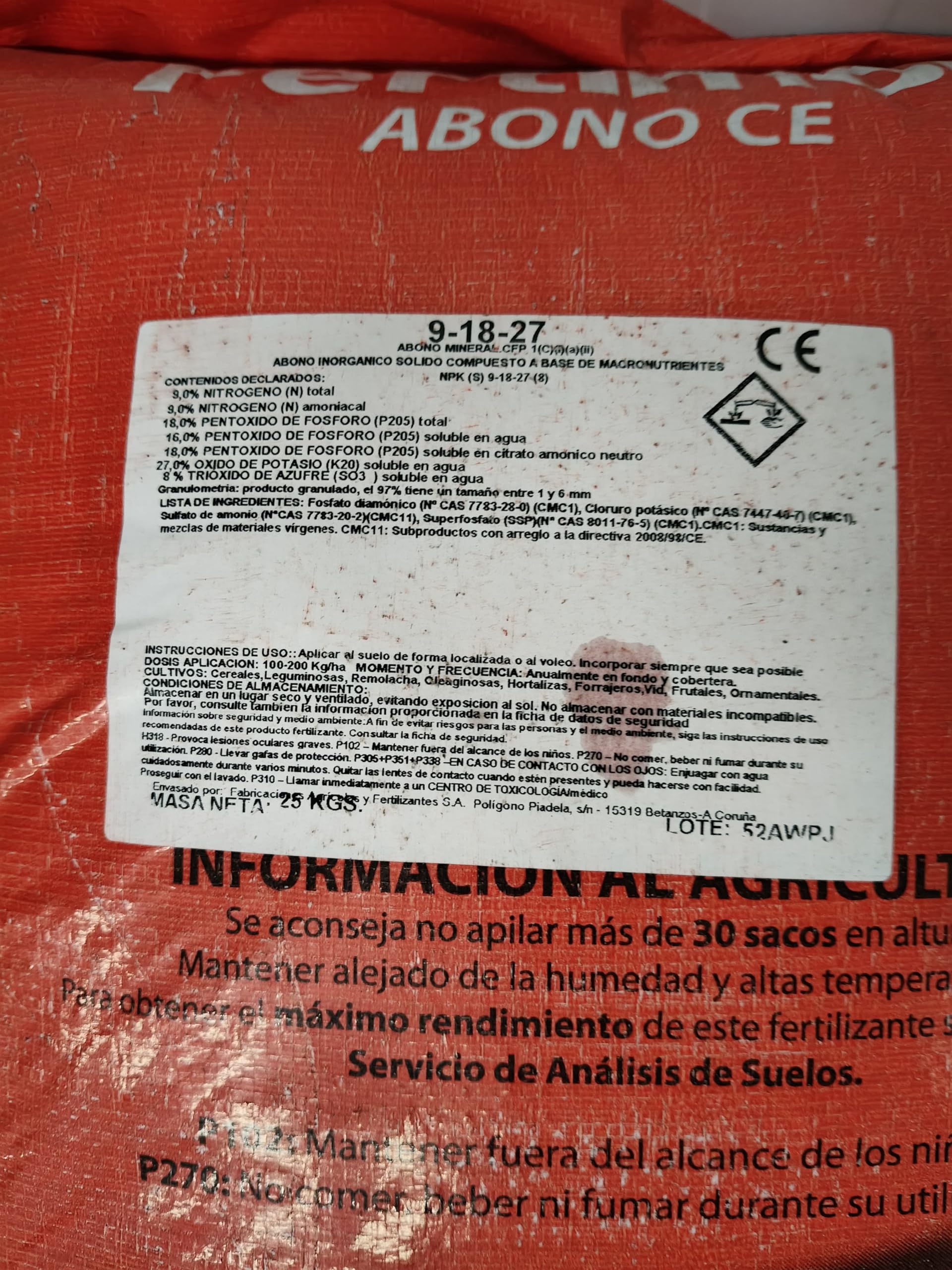 Abono NPK 9-18-27 saco 25kg granulado. Ayuda al crecimiento y rendimiento de los cultivos. Fertilizante para cultivos. Listo para usar.
